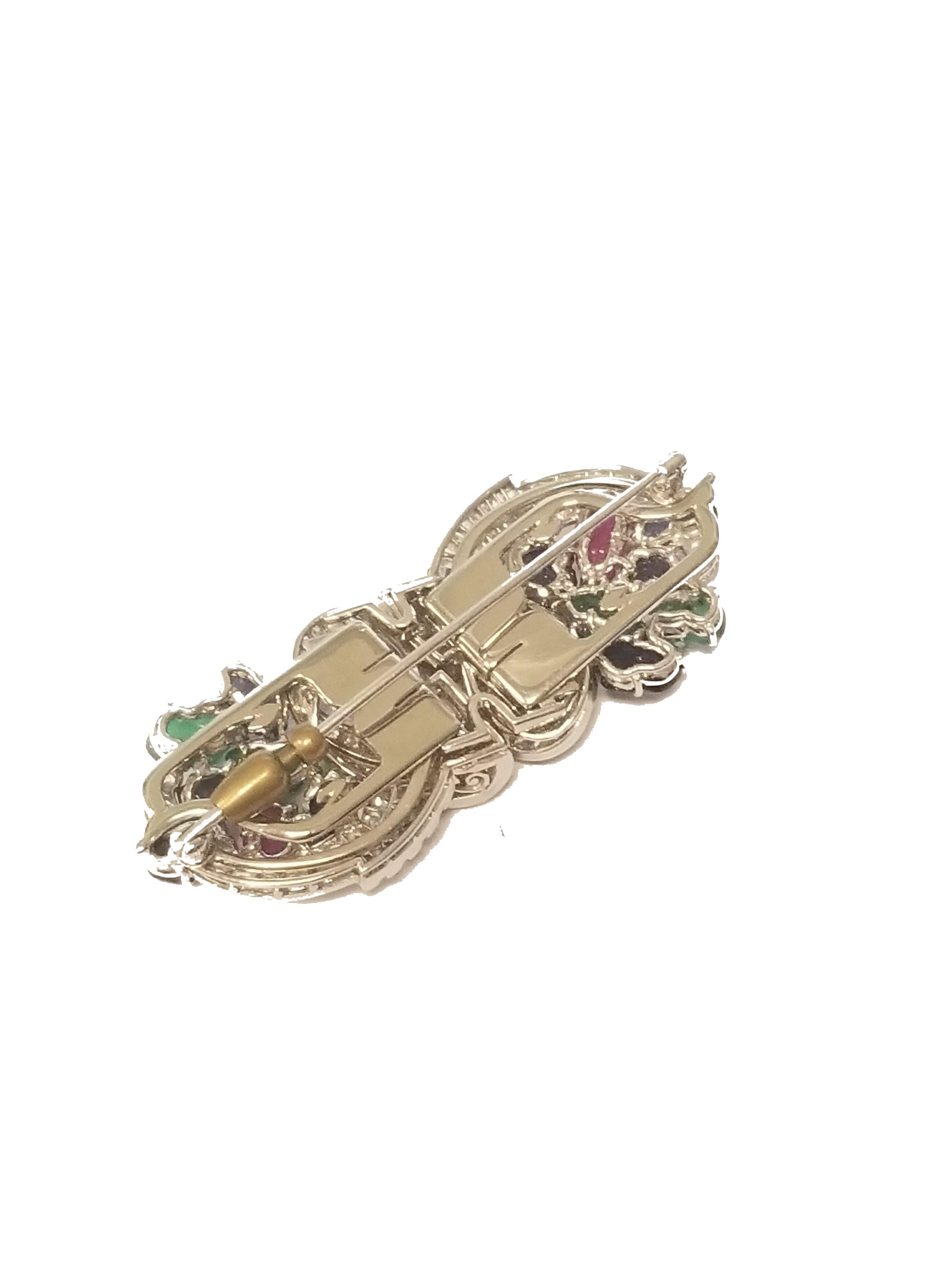 Art Deco Double Clip Brooch with Diamonds, Emeralds, Rubies and Sapphires In Excellent Condition In New York, NY