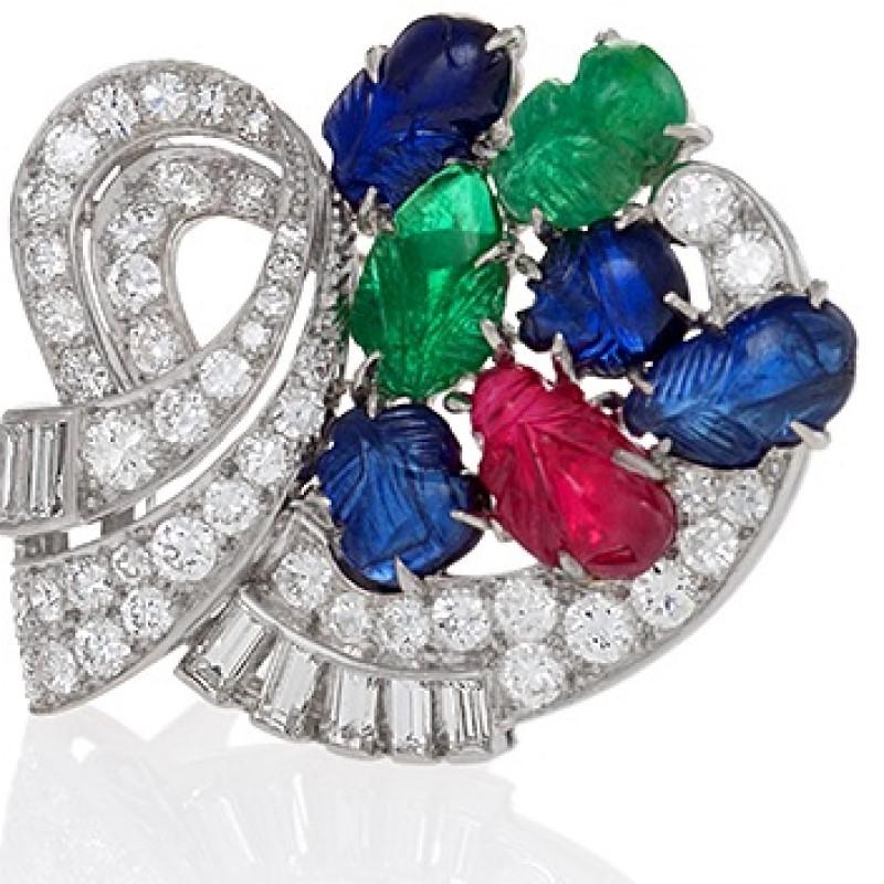 Women's Art Deco Double Clip Brooch with Diamonds, Emeralds, Rubies and Sapphires