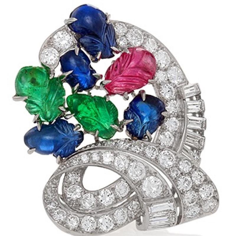 Art Deco Double Clip Brooch with Diamonds, Emeralds, Rubies and Sapphires 1