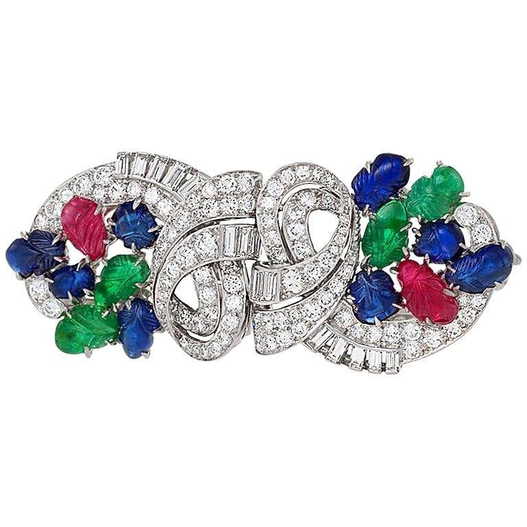 Art Deco Double Clip Brooch with Diamonds, Emeralds, Rubies and ...