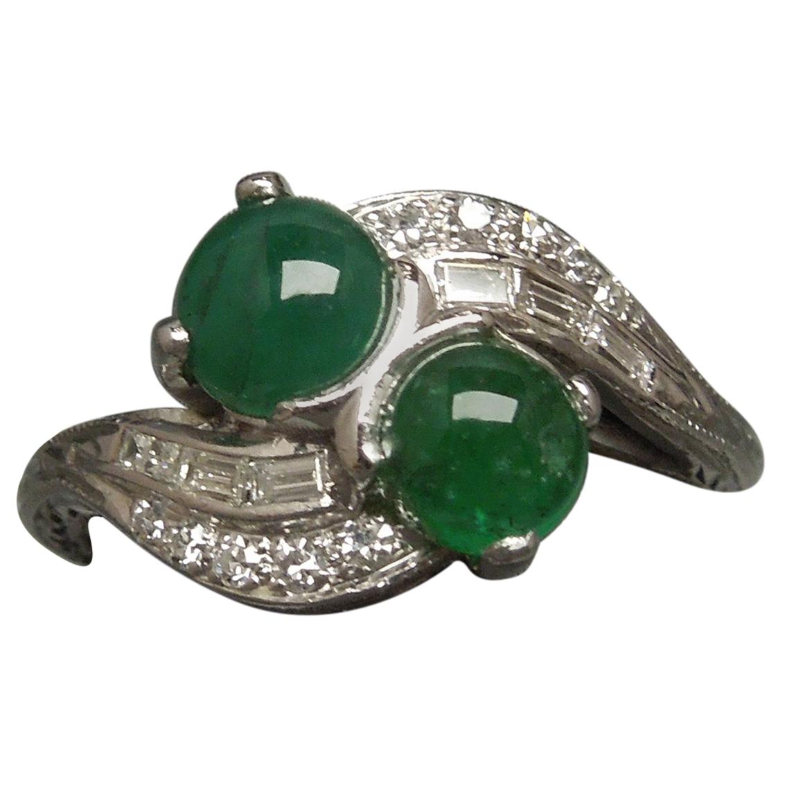 Art Deco Double Emerald 14 Karat ByPass Ring For Sale