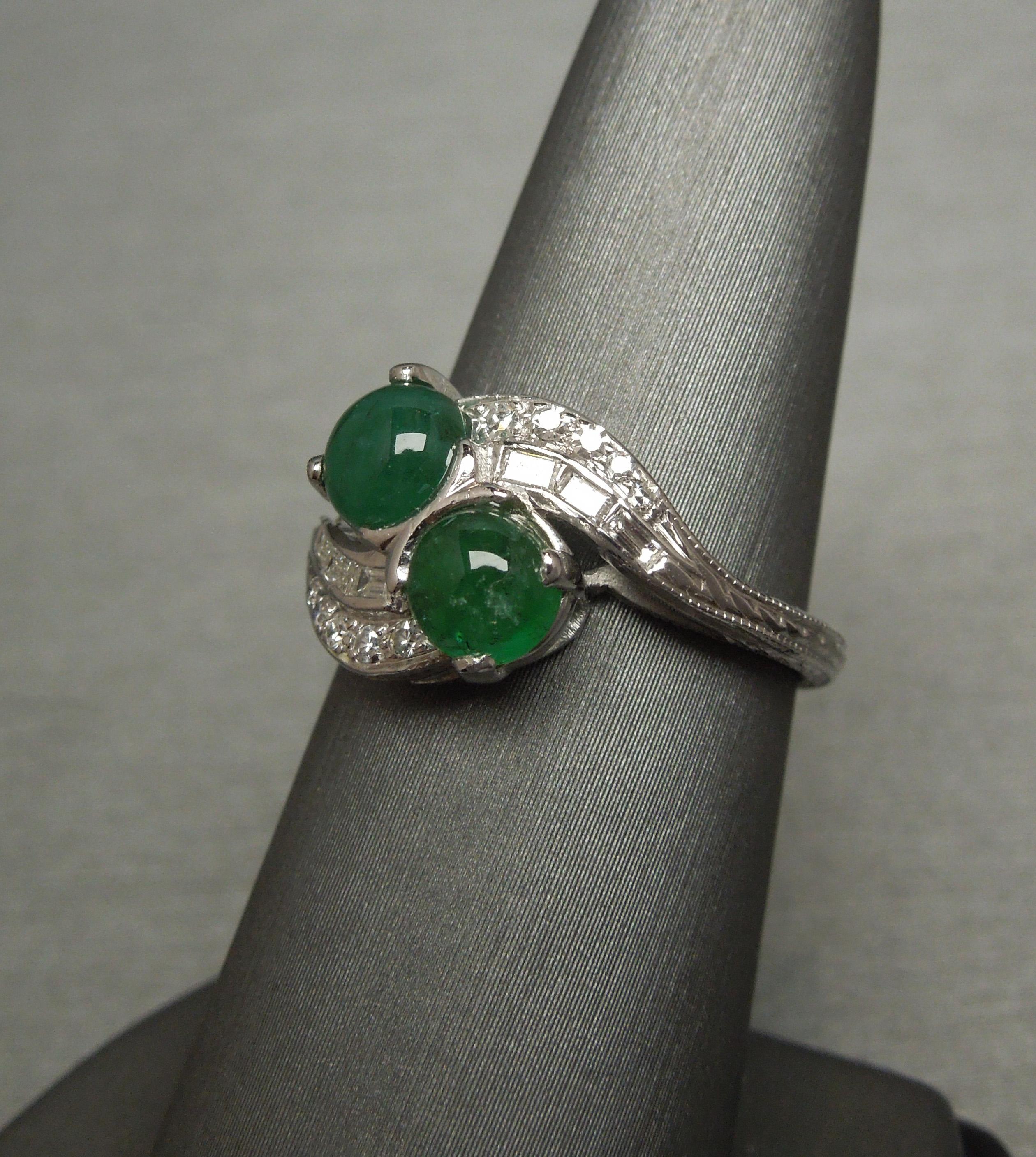 Cabochon Art Deco Double Emerald 14 Karat ByPass Ring For Sale
