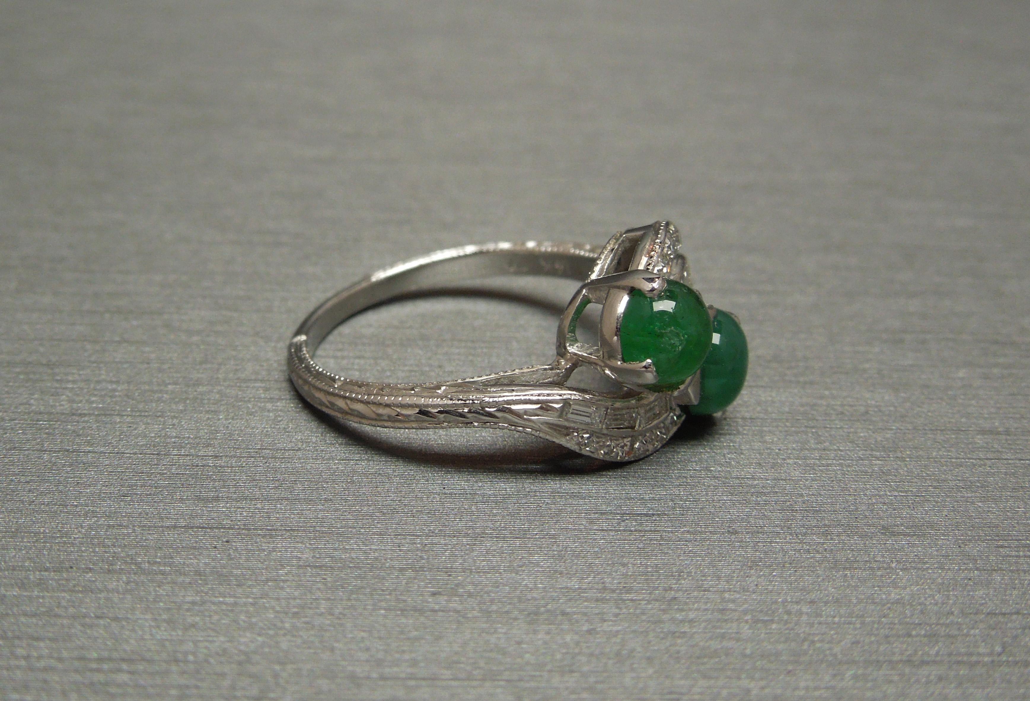 Women's Art Deco Double Emerald 14 Karat ByPass Ring For Sale
