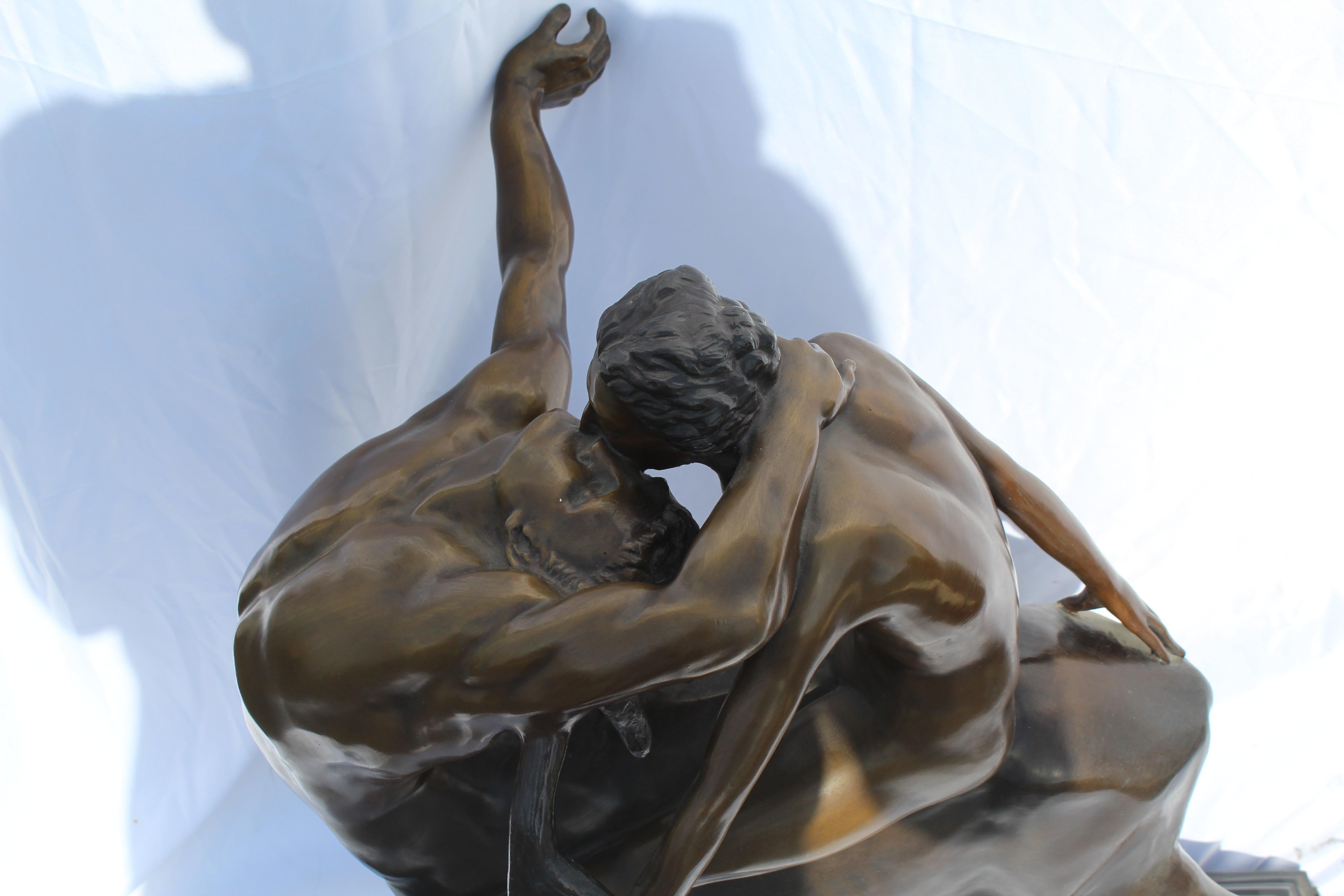 A unique sculpture very rarely ever seen in this model. And a large size with multi-patinas. Mounted on a solid absolute black double base. In the style of C. Bauch. It is heavy and needs good packing or crate for shipping.
