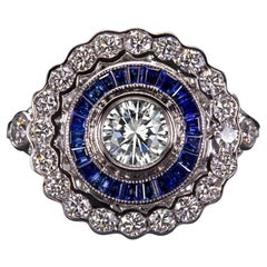 Art Deco Double Halo Blue Sapphire Diamond Ring