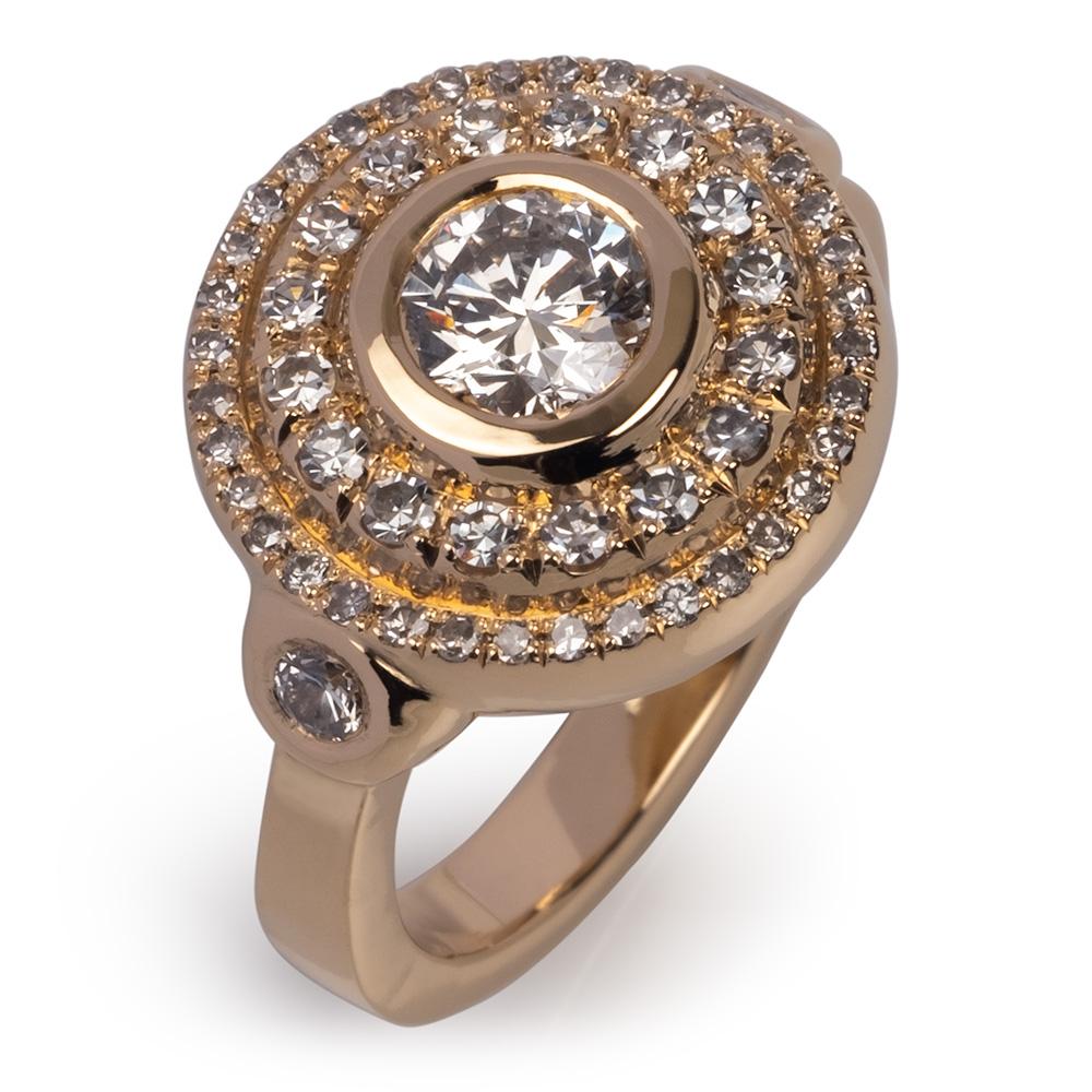 The art deco inspired stepped double halo echoes the past but this solid 14k yellow gold ring with a low profile bezel set 0.40 carat diamond is so comfortable and elegant that it’s ready for the future. The diamonds were pulled from a
