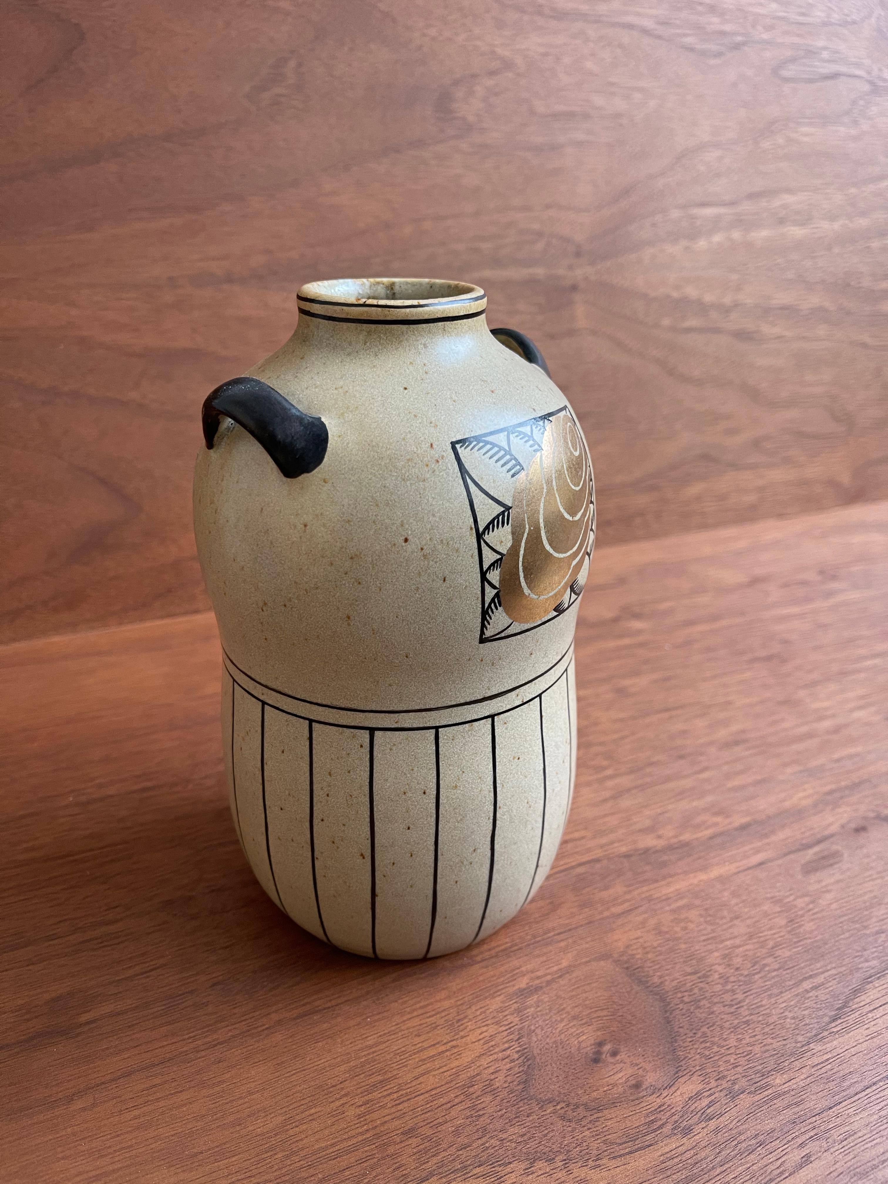 French Art Deco Double-Handled Stoneware Vase by Jean Luce For Sale