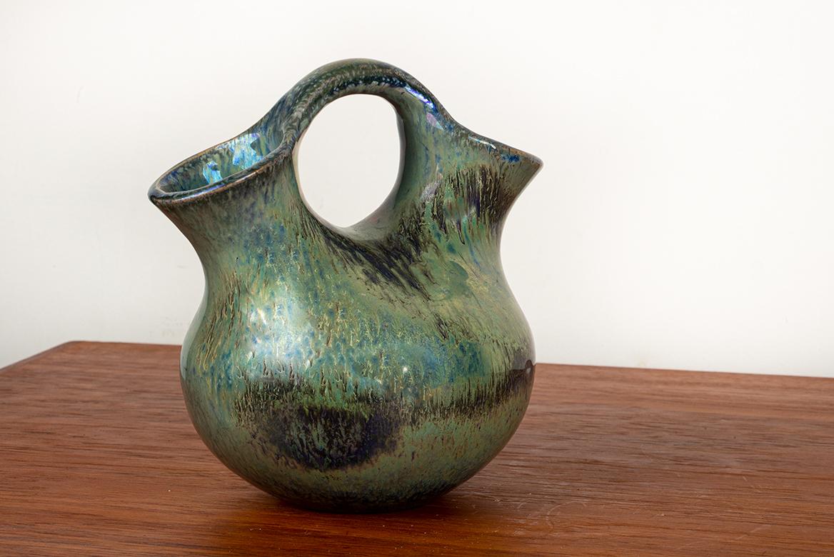 French Art Deco double-necked vase, iridescent green flamed stoneware, Alphonse Cytère. For Sale