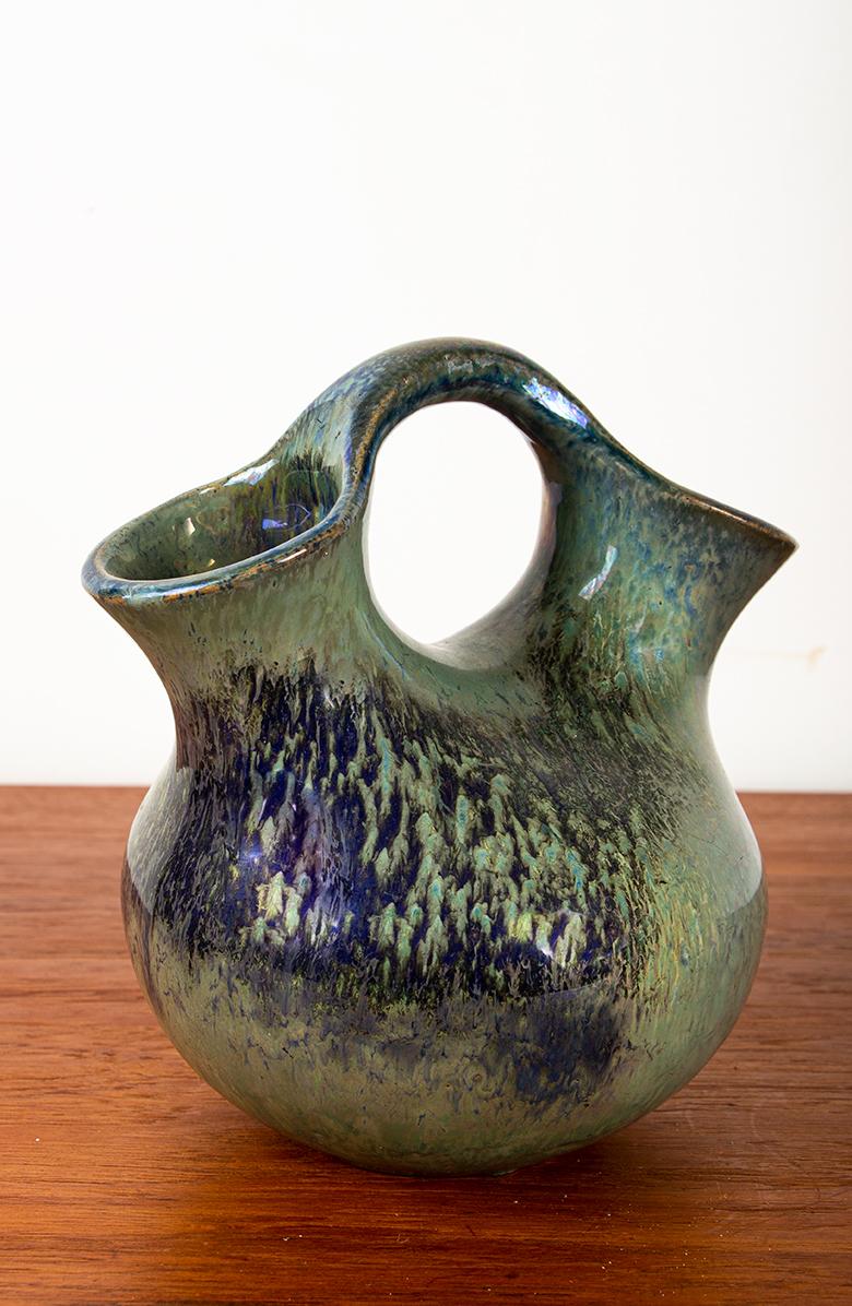 Mid-20th Century Art Deco double-necked vase, iridescent green flamed stoneware, Alphonse Cytère. For Sale