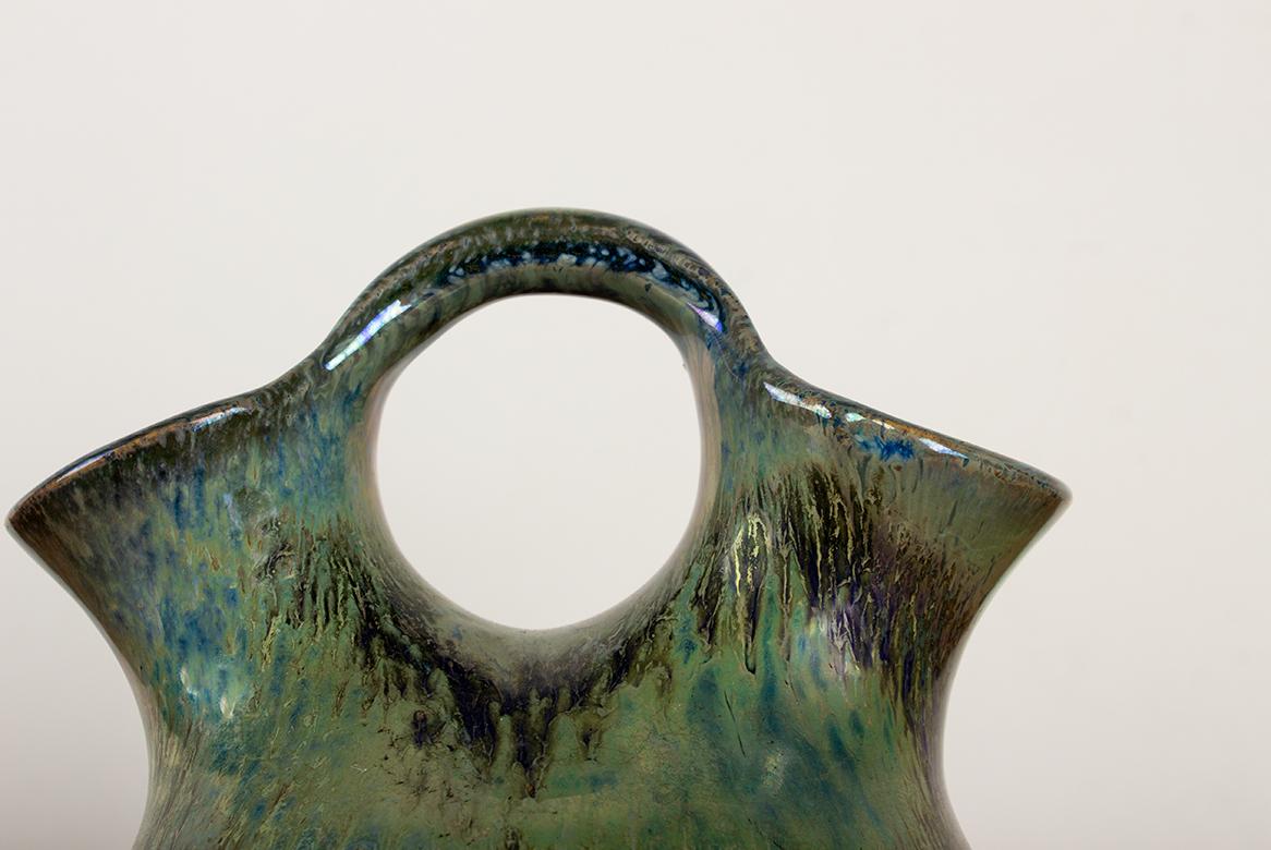 Ceramic Art Deco double-necked vase, iridescent green flamed stoneware, Alphonse Cytère. For Sale