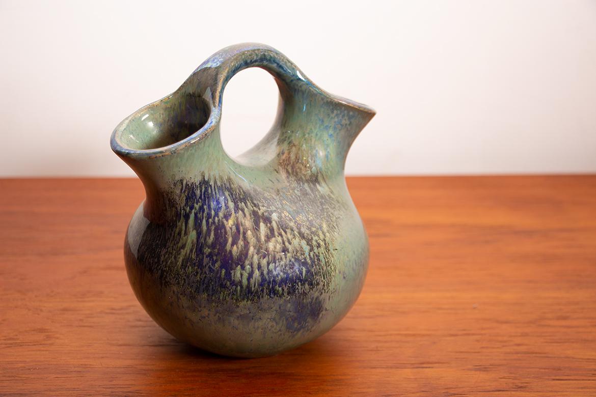 Art Deco double-necked vase, iridescent green flamed stoneware, Alphonse Cytère. For Sale 1