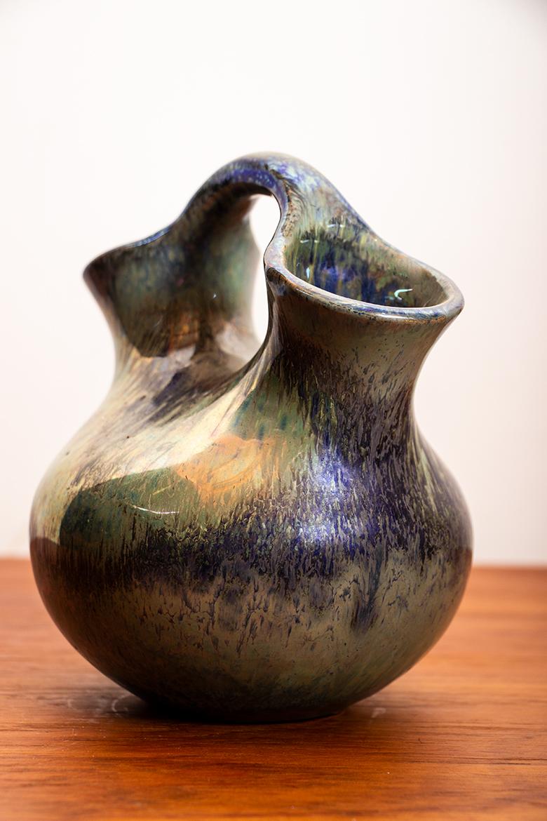Art Deco double-necked vase, iridescent green flamed stoneware, Alphonse Cytère. For Sale 2