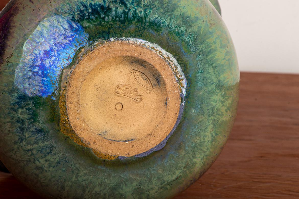 Art Deco double-necked vase, iridescent green flamed stoneware, Alphonse Cytère. For Sale 3