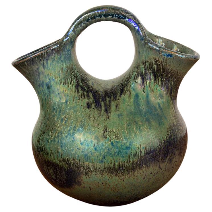 Art Deco double-necked vase, iridescent green flamed stoneware, Alphonse Cyt�ère. For Sale