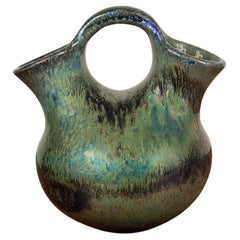 Vaso a doppio collo Art Déco, gres fiammato verde iridescente, Alphonse Cytère.