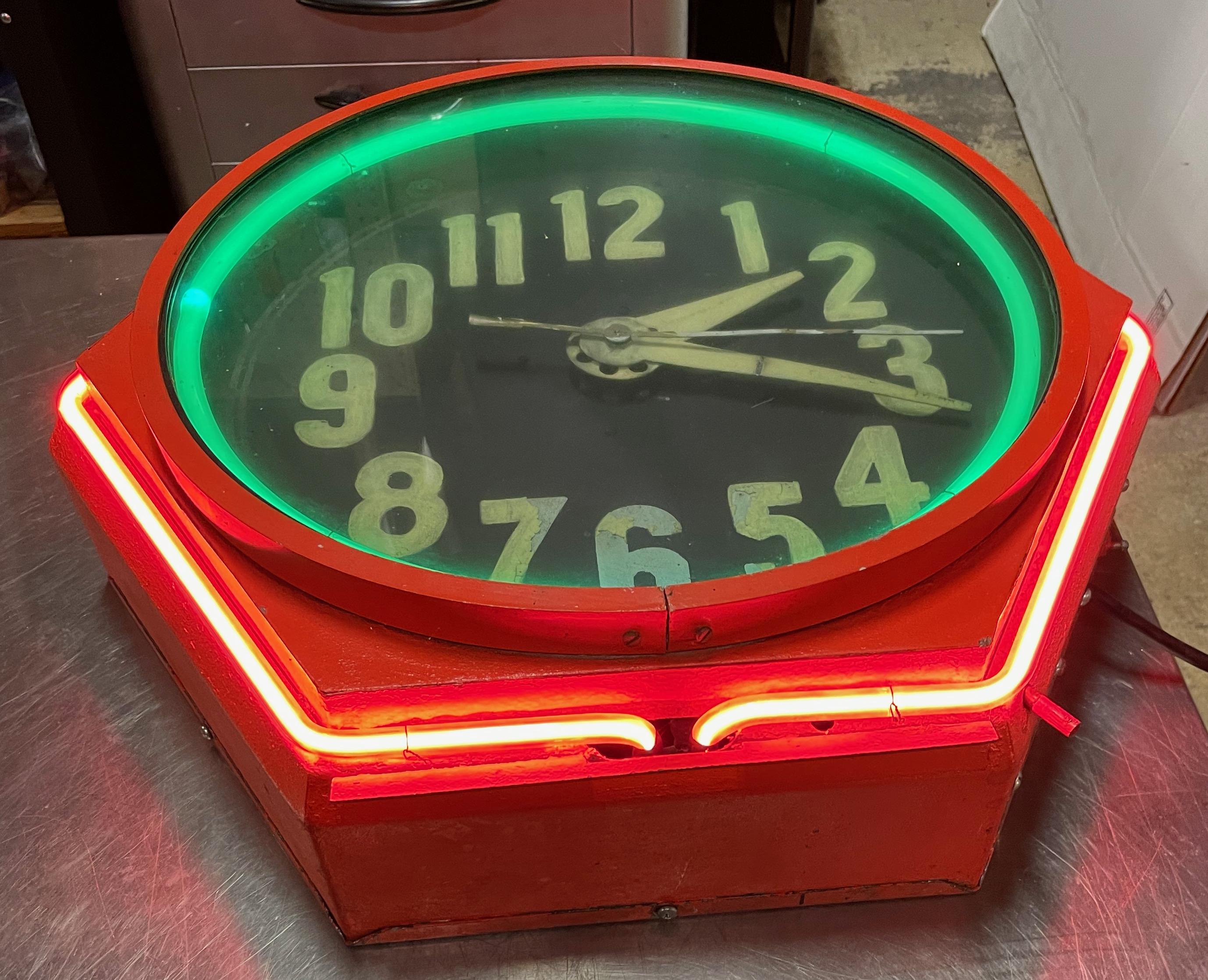North American Art Deco Double Neon Hexagon Vintage Wall Clock