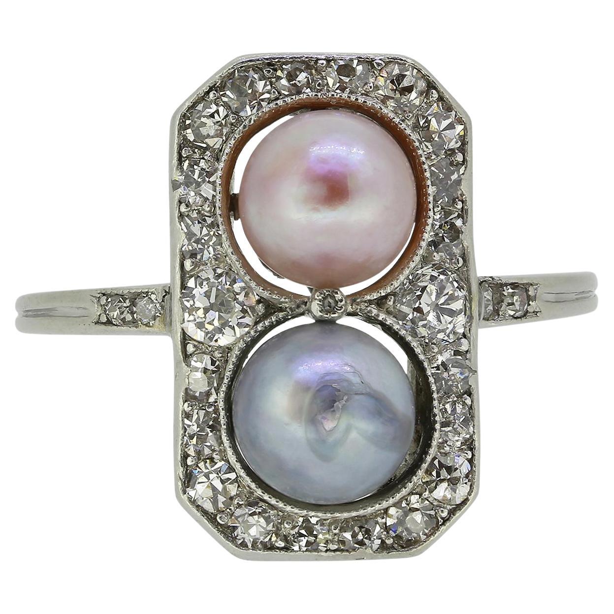 Art Deco Double Natural Pearl and Diamond Tablet Ring