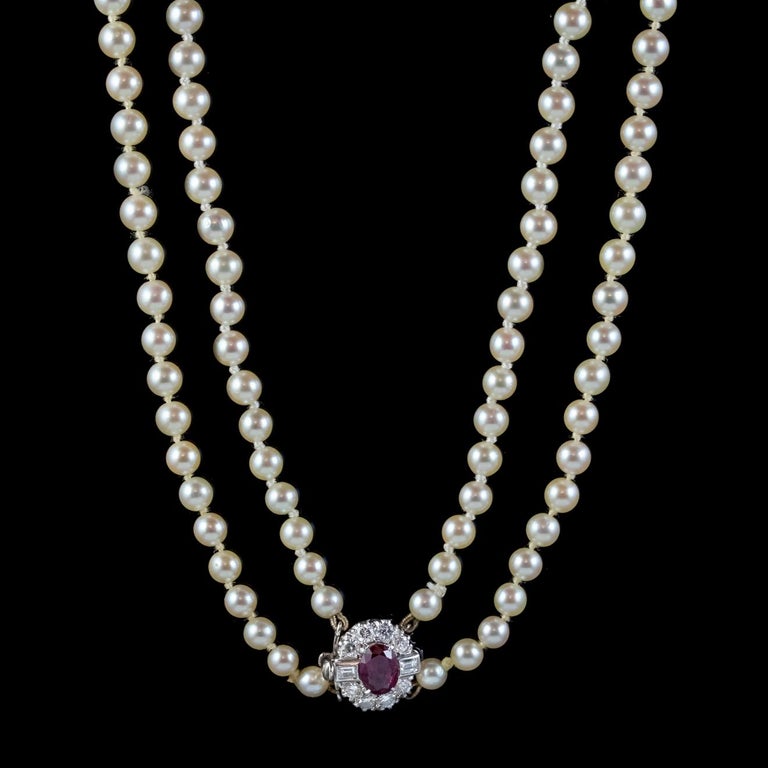 Art Deco Double Pearl Necklace Ruby Diamond 18ct Gold Clasp with Cert ...