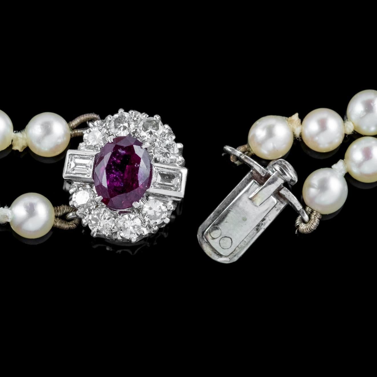Art Deco Doppelperlenkette Rubin Diamant 18 Karat Gold Verschluss mit Zertifikat im Angebot 1