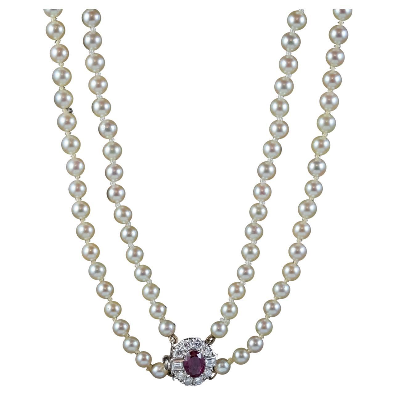 Art Deco Double Pearl Necklace Ruby Diamond 18ct Gold Clasp with Cert