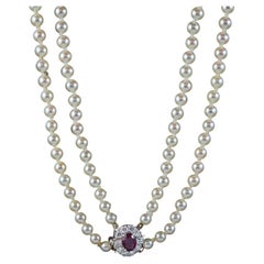Vintage Art Deco Double Pearl Necklace Ruby Diamond 18ct Gold Clasp with Cert