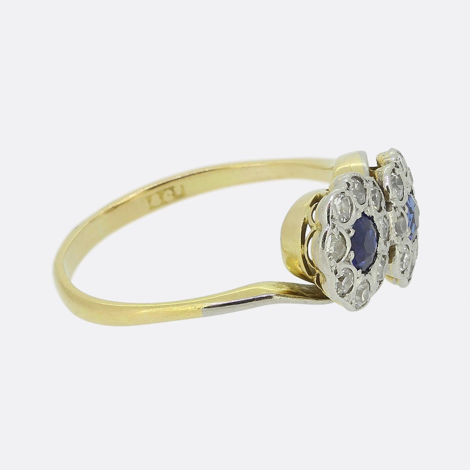 Round Cut Art Deco Double Sapphire and Diamond Cluster Ring