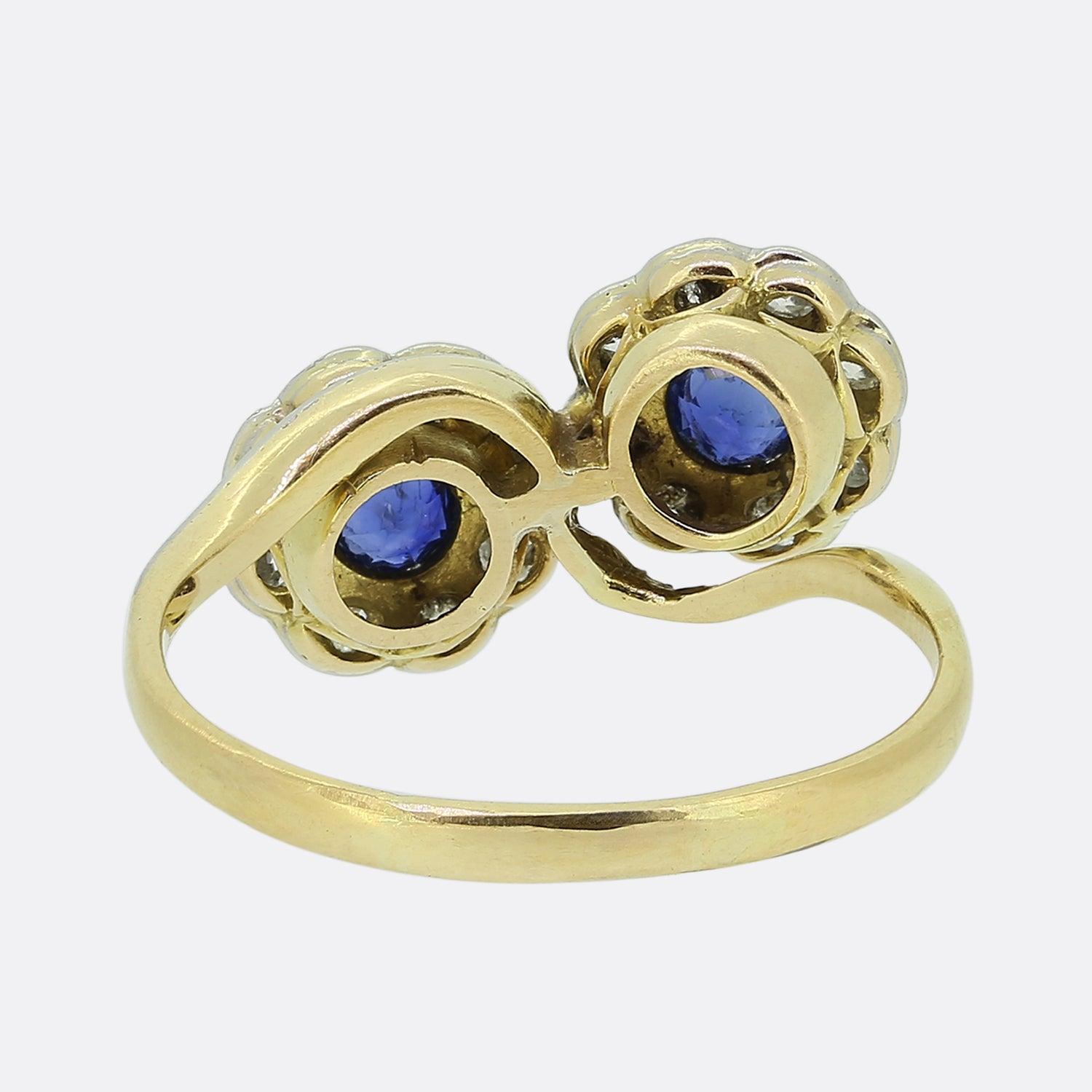 Art Deco Double Sapphire and Diamond Cluster Ring In Good Condition In London, GB
