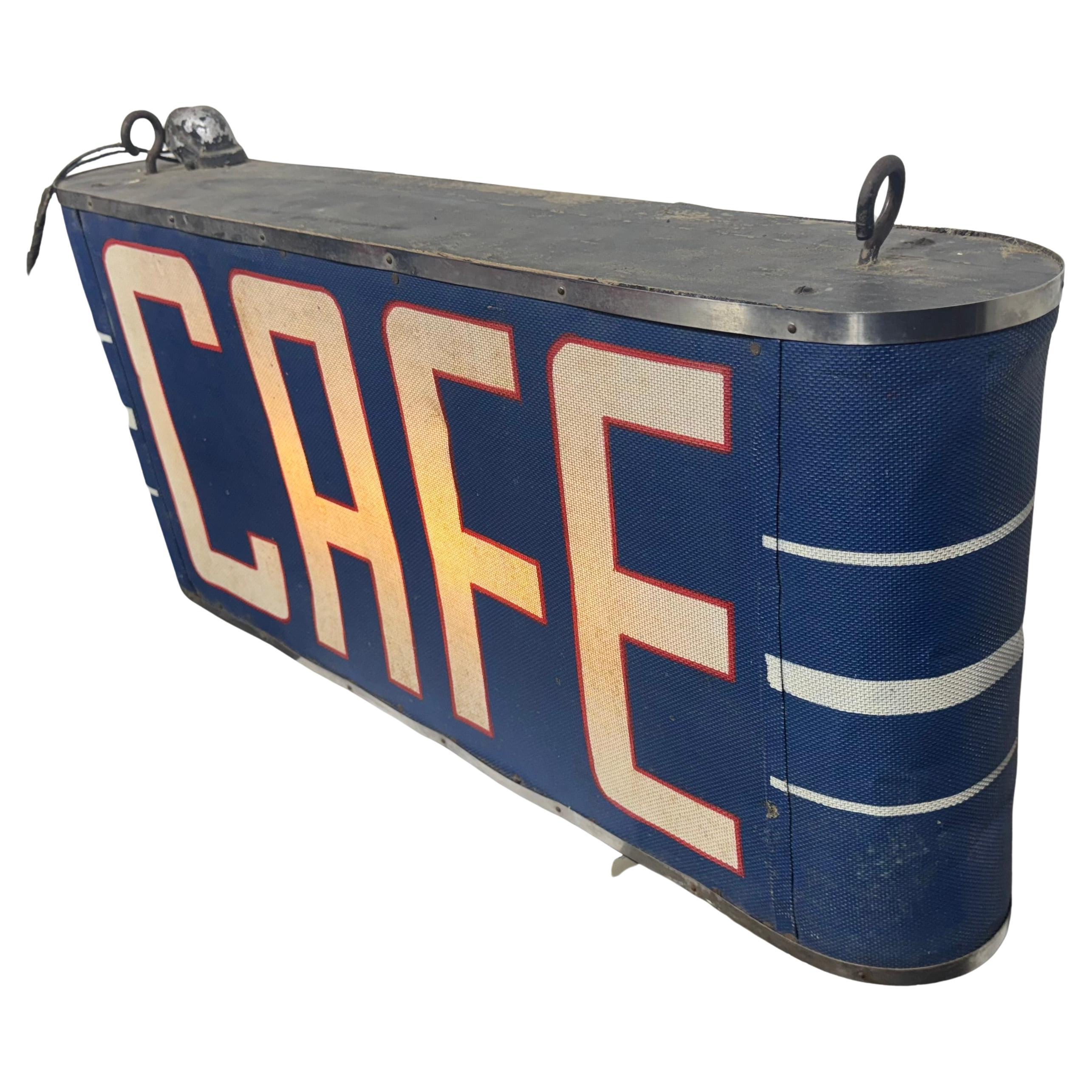 Art Deco Double Sided / Illuminated "CAFE" sign, , stunning blue For Sale