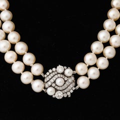 Art Deco Double Strand Cultured Pearl & Diamond Clasp Necklace in White Gold