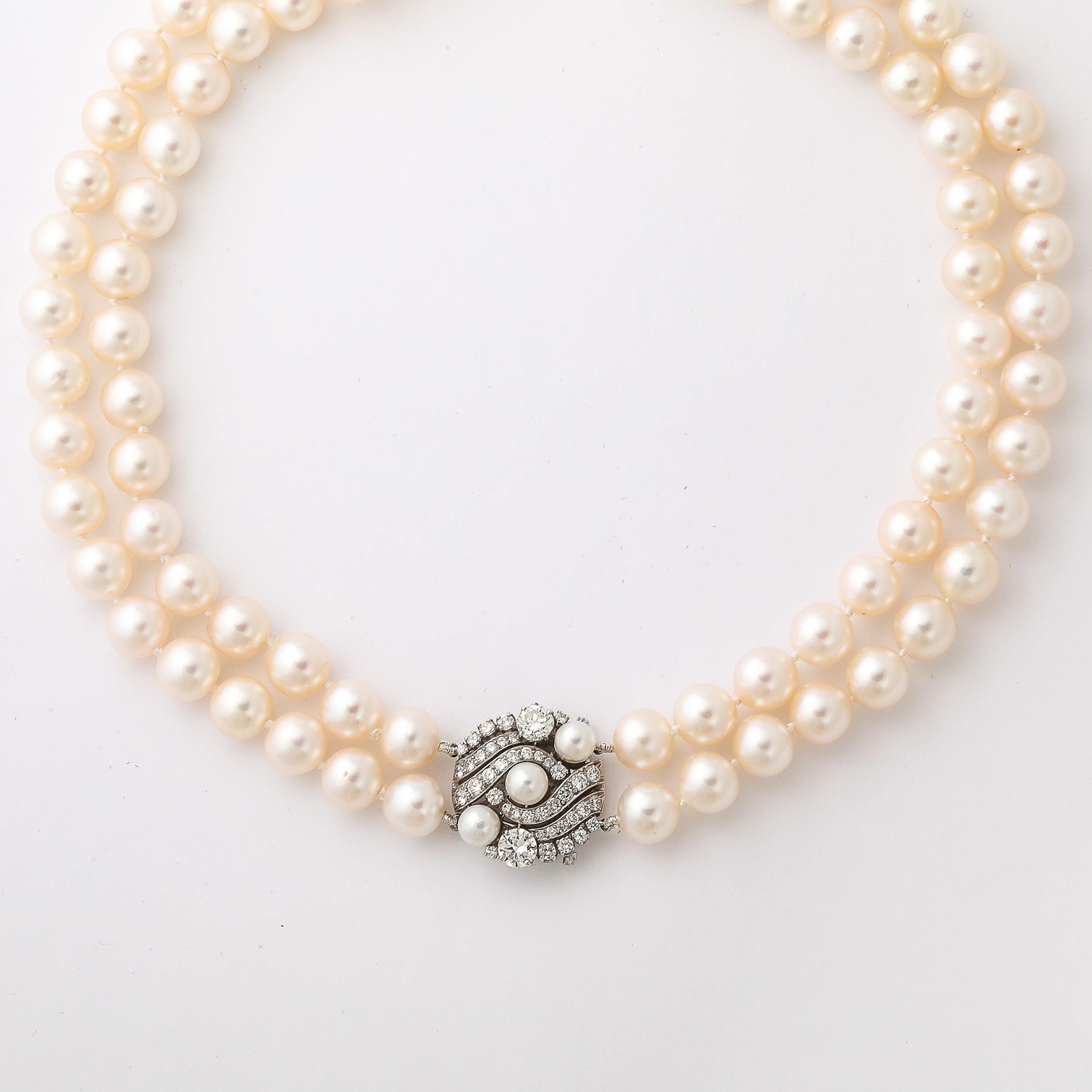 da uomo o donna Collana Art Deco a doppio filo con perle coltivate e diamanti in oro bianco in vendita