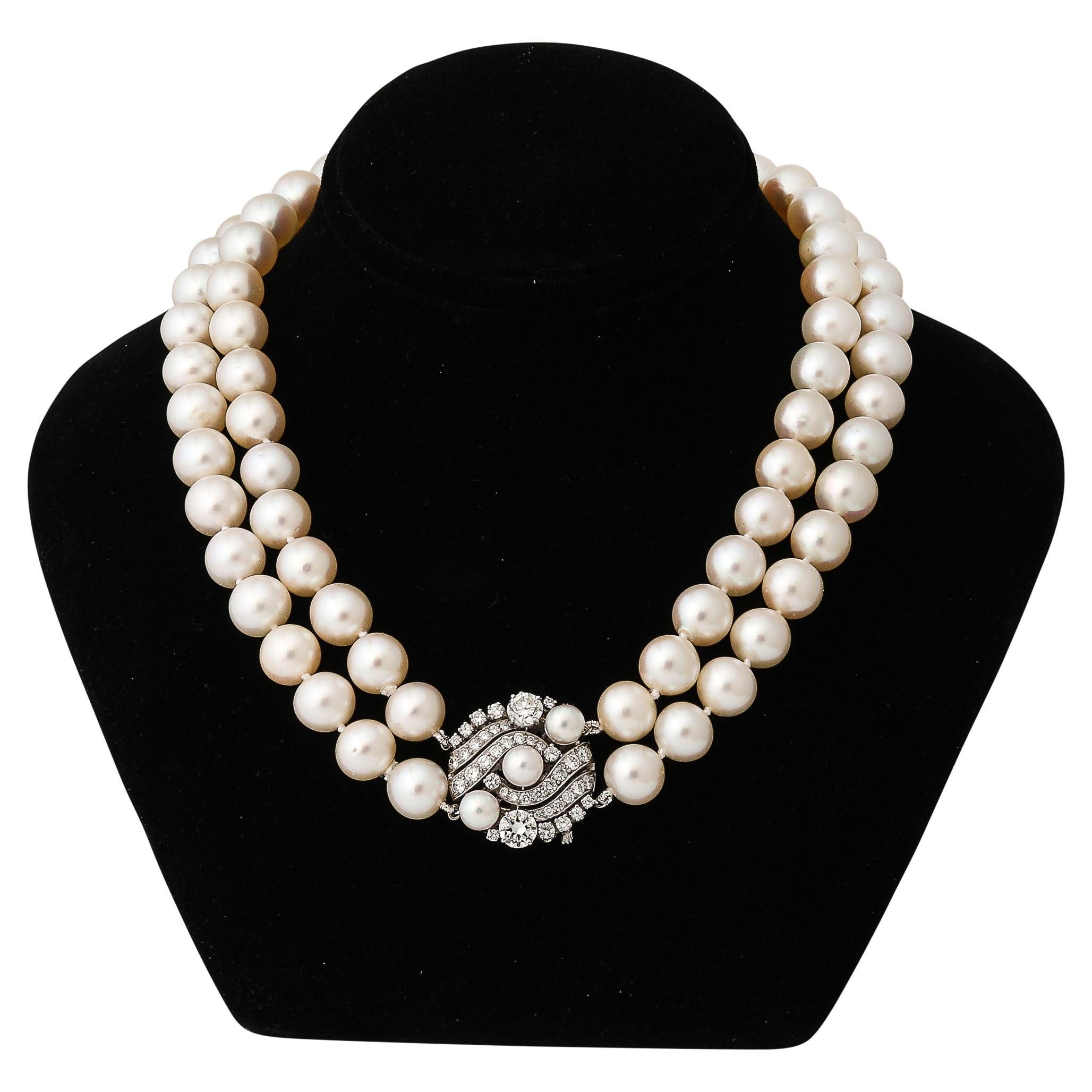 Collana Art Deco a doppio filo con perle coltivate e diamanti in oro bianco
