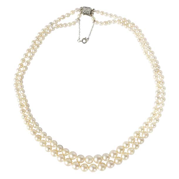 Double Strand Cultured Pearl Necklace with Diamond Clasp, French Art ...