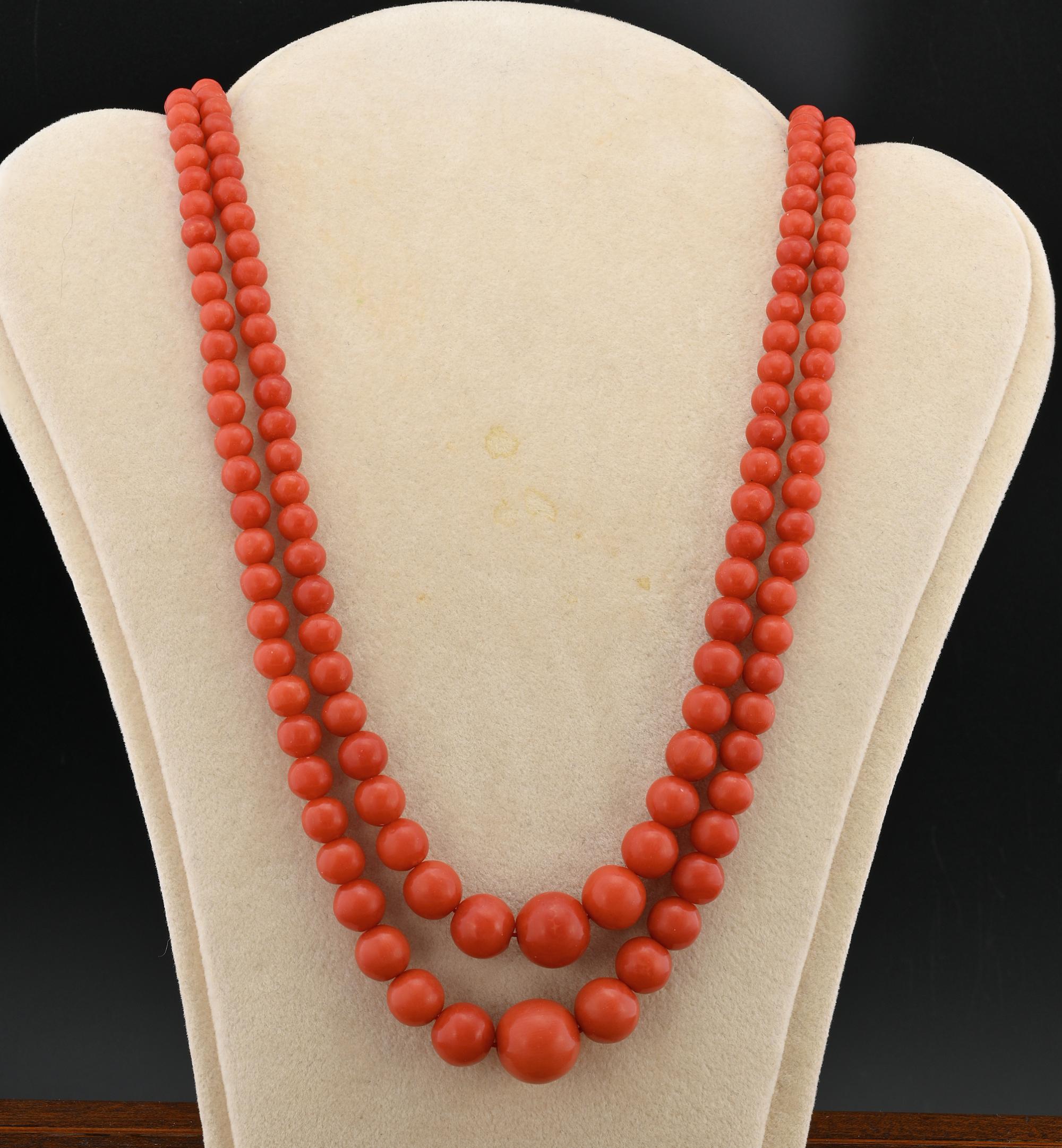 Bead Art Deco Double Strand Natural Red Coral Necklace Gold Clasp For Sale