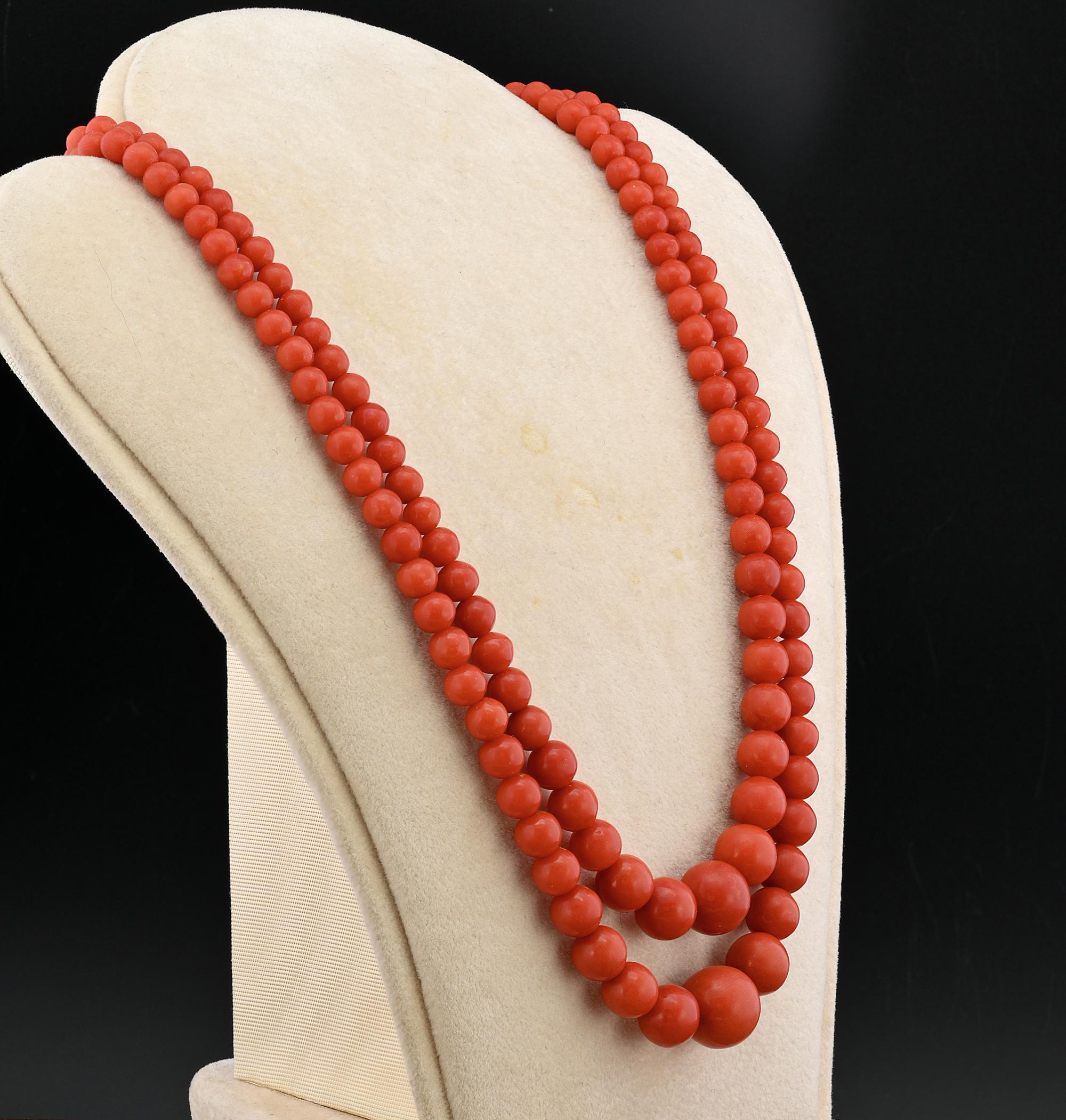 Women's or Men's Art Deco Double Strand Natural Red Coral Necklace Gold Clasp For Sale