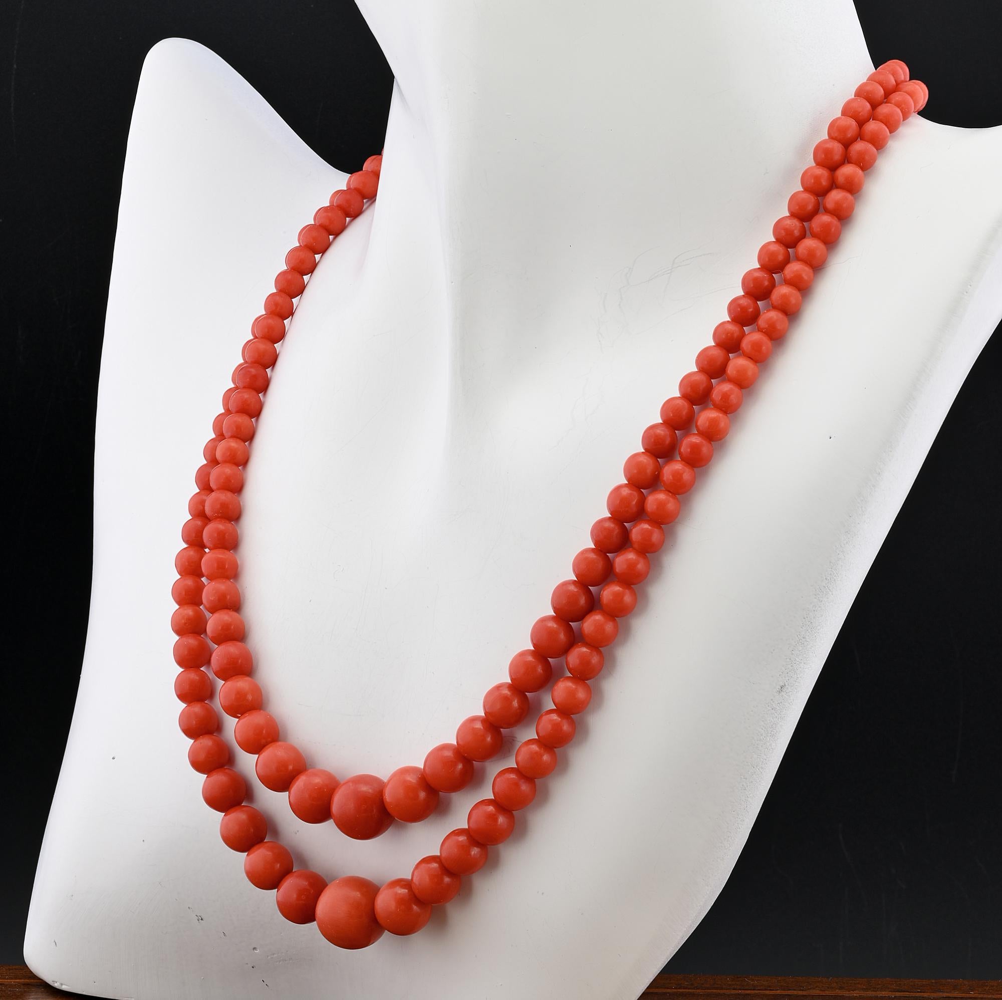 Art Deco Double Strand Natural Red Coral Necklace Gold Clasp For Sale 1