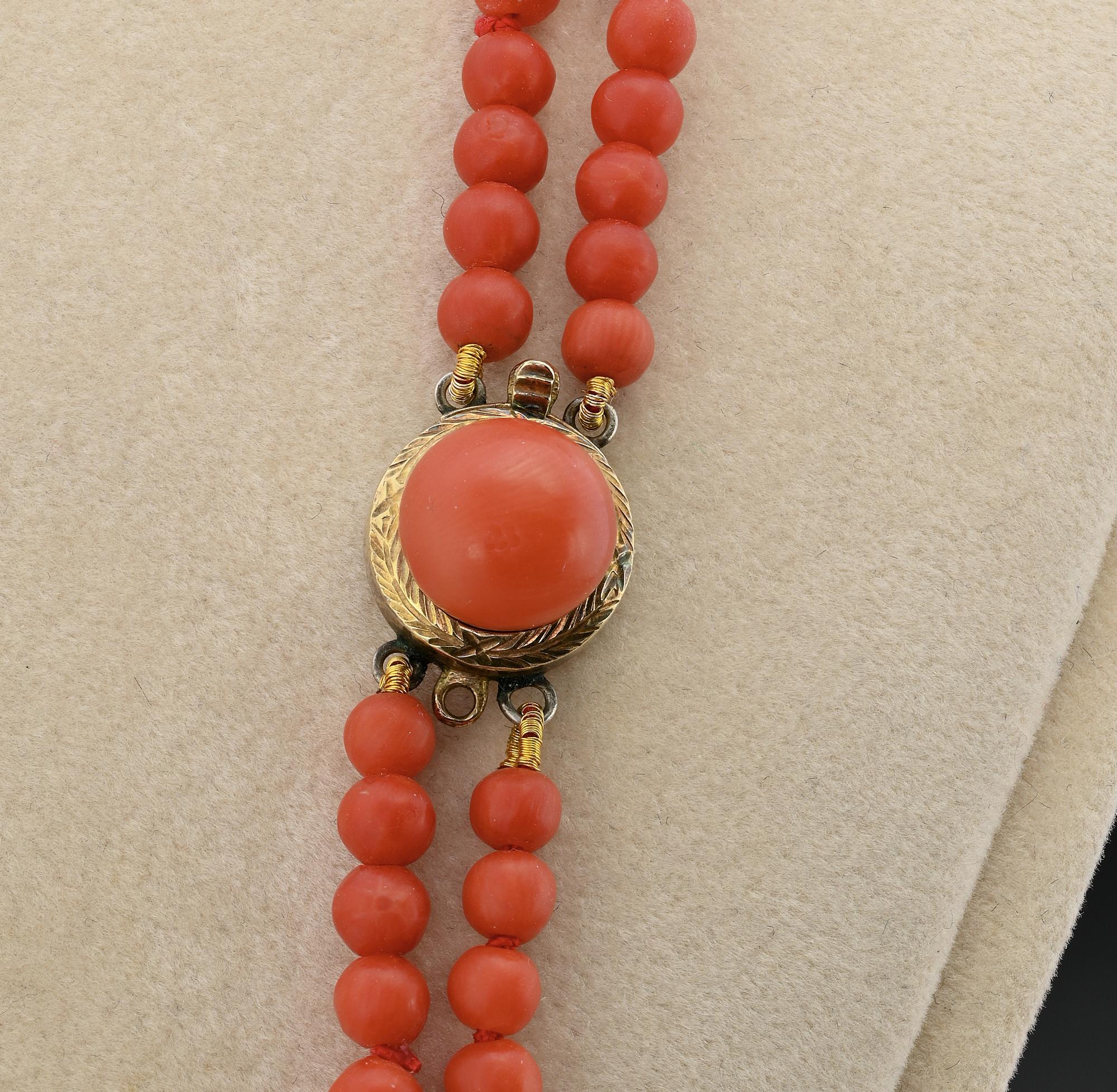 Art Deco Double Strand Natural Red Coral Necklace Gold Clasp For Sale 4