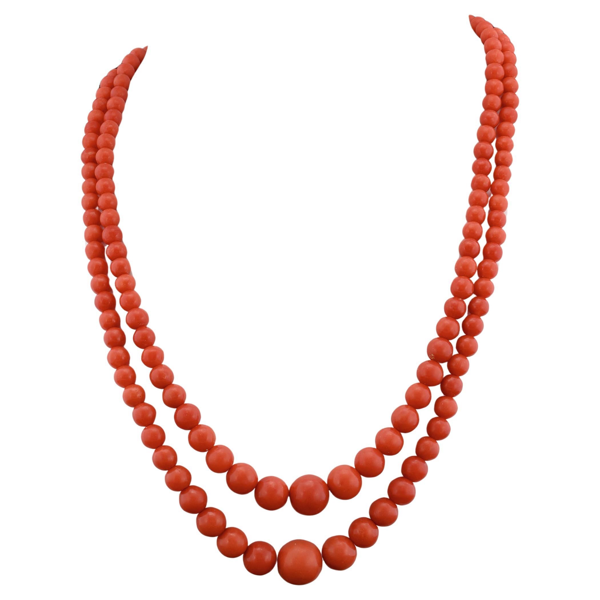 Art Deco Double Strand Natural Red Coral Necklace Gold Clasp For Sale