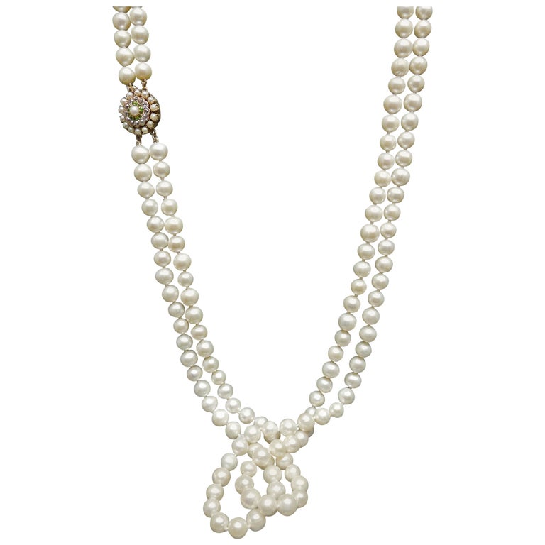 Art Deco Double Strand Pearl Necklace with 14kt Gold, Diamond and Pearl  Clasp — High Style Deco