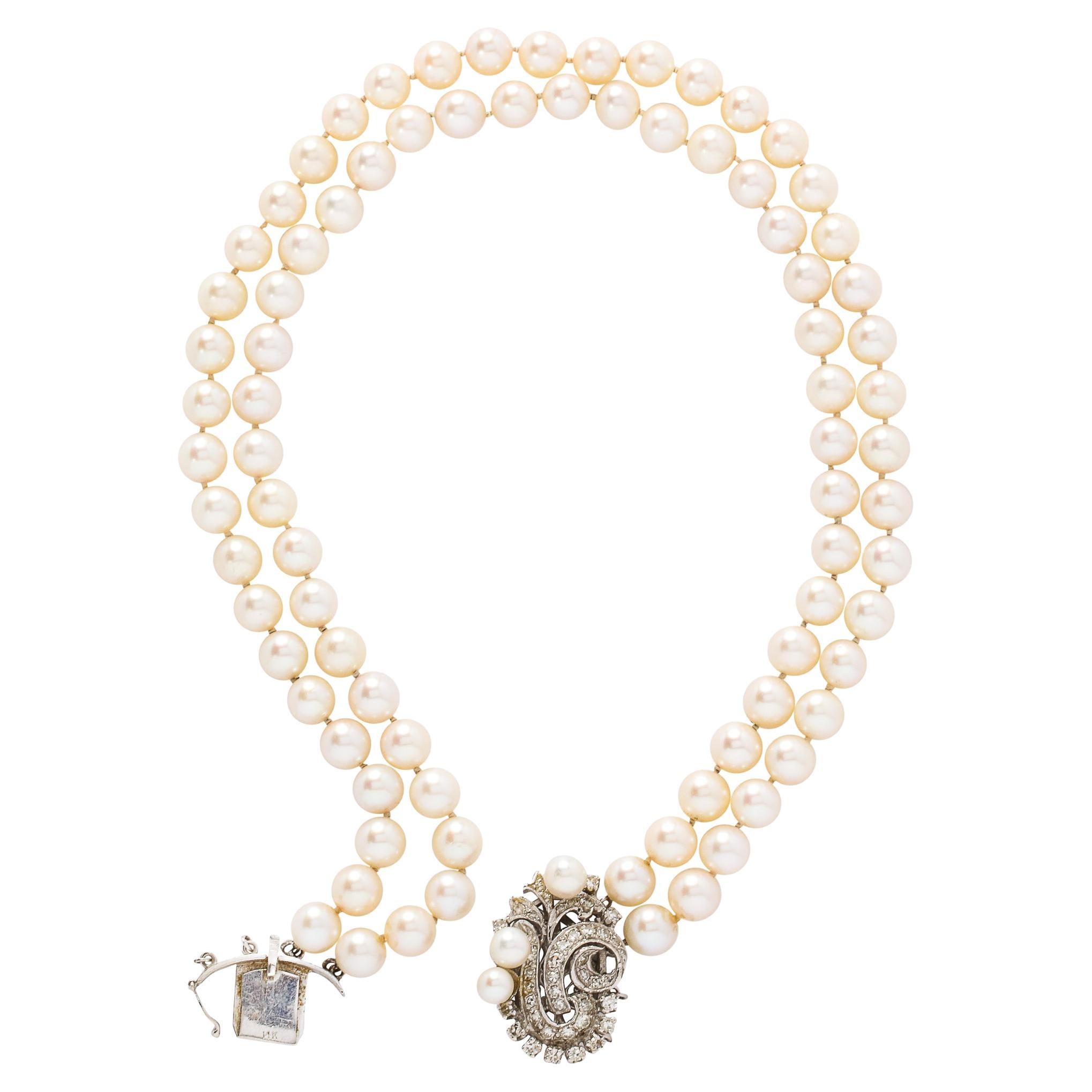 Brilliant Cut Art Deco Double Strand Pearl Necklace with 14kt Gold, Diamond and Pearl Clasp For Sale