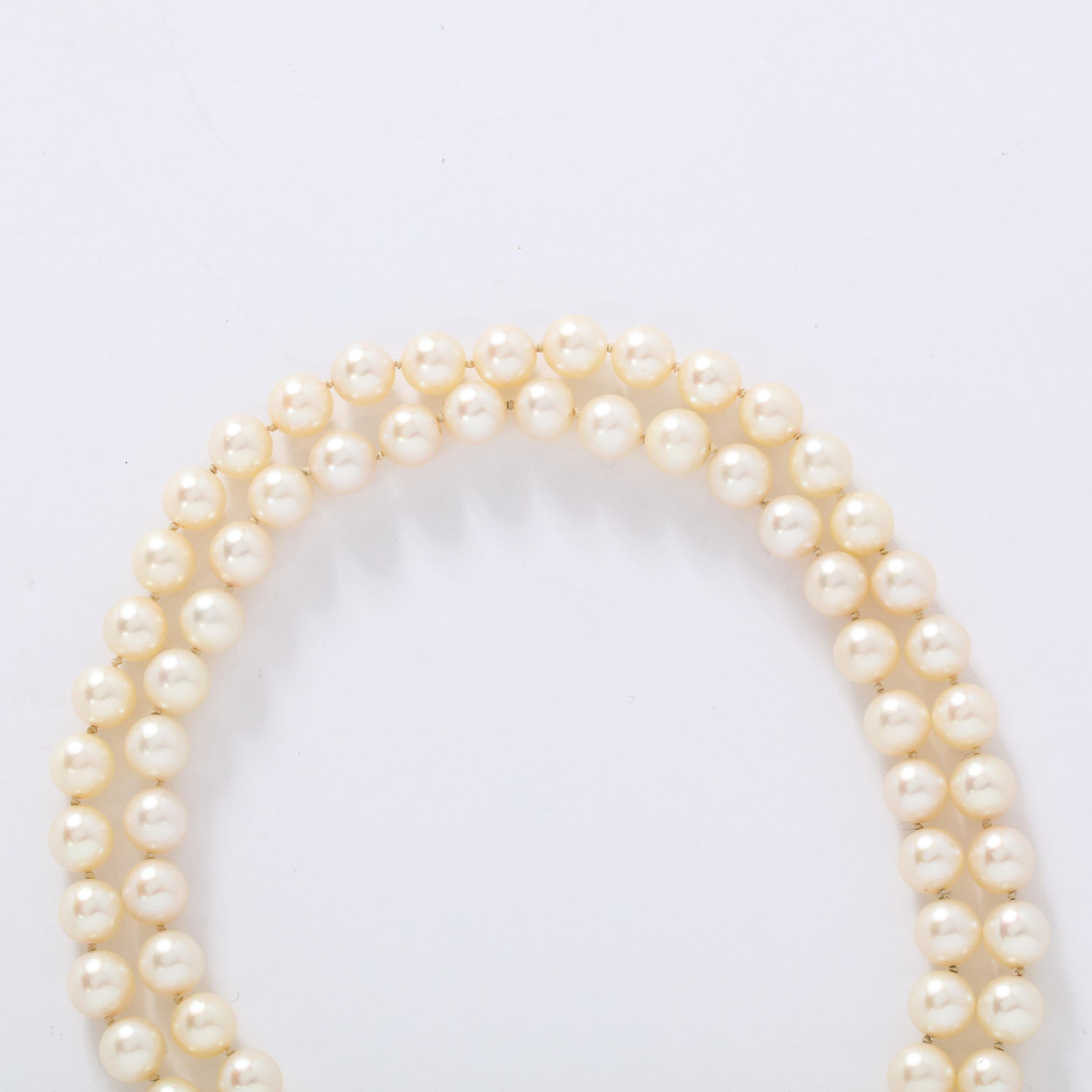 Women's Art Deco Double Strand Pearl Necklace with 14kt Gold, Diamond and Pearl Clasp For Sale