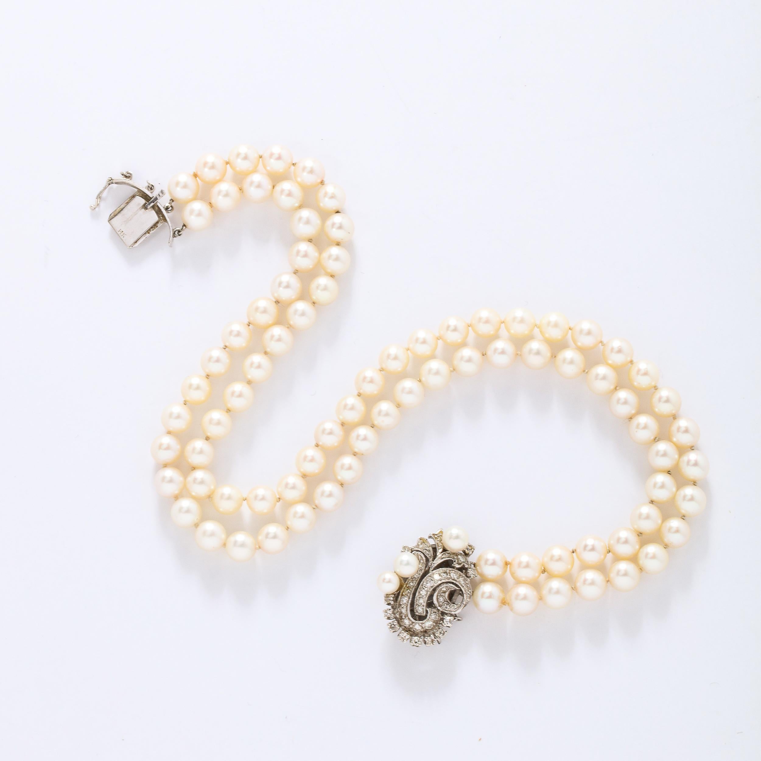Brilliant Cut Art Deco Double Strand Pearl Necklace with 14kt Gold, Diamond and Pearl Clasp For Sale