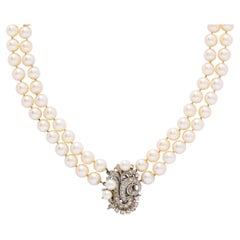 Art Deco Double Strand Pearl Necklace with 14kt Gold, Diamond and Pearl Clasp