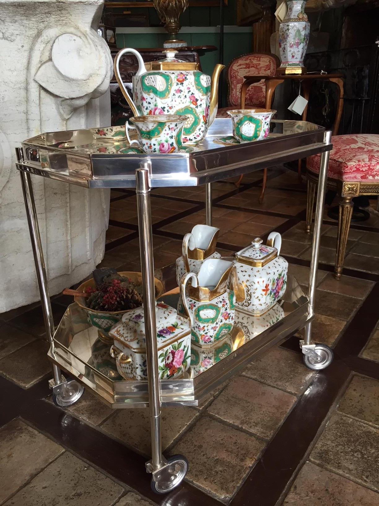 French Art Deco Double-Tier Silver Plated Tray Cabaret Service Bar Cart 