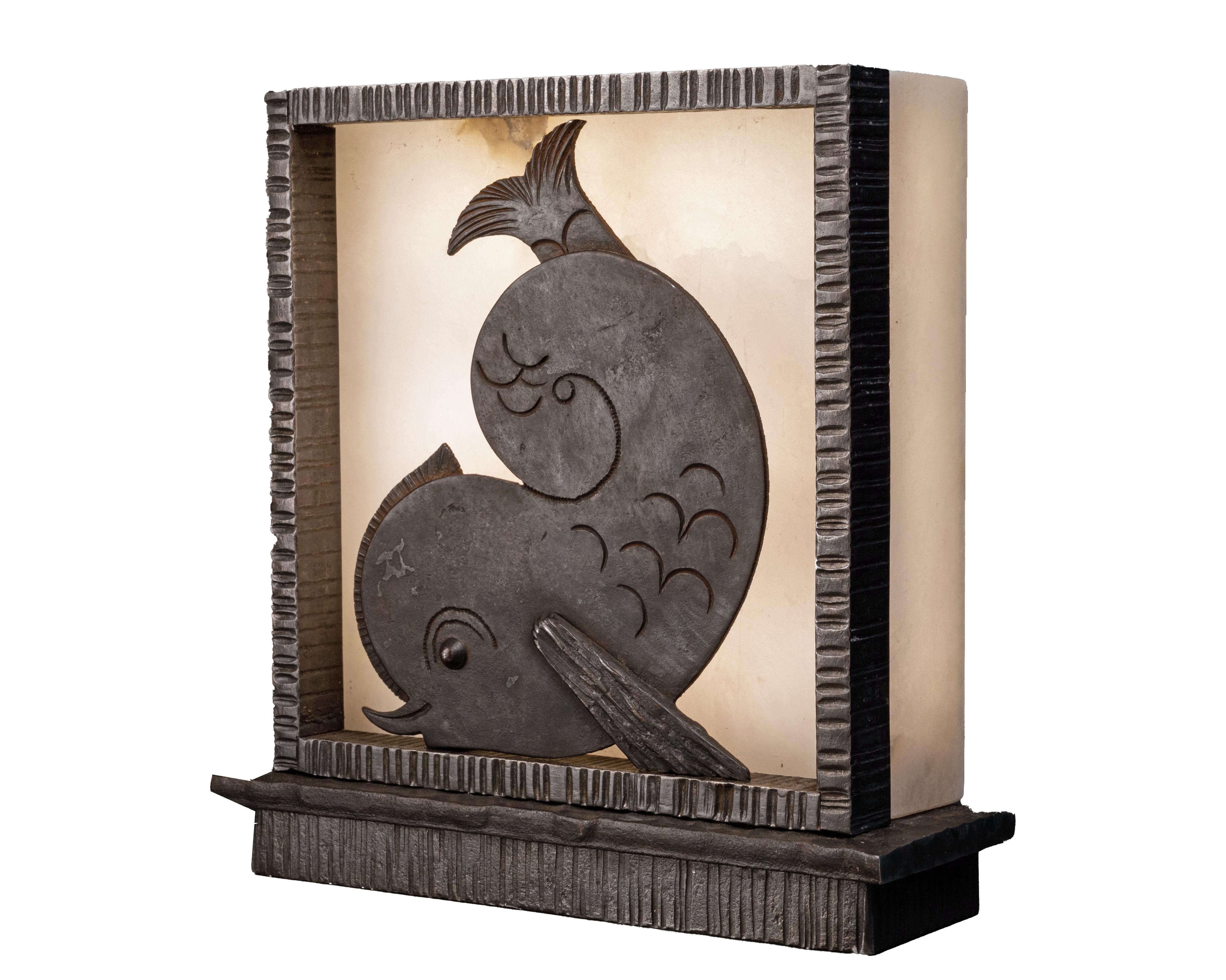 Early 20th Century Brandt, Art Deco Dove Lamp Sconce, Chiseled Wrought Iron, Alabaster, Animal Bird
