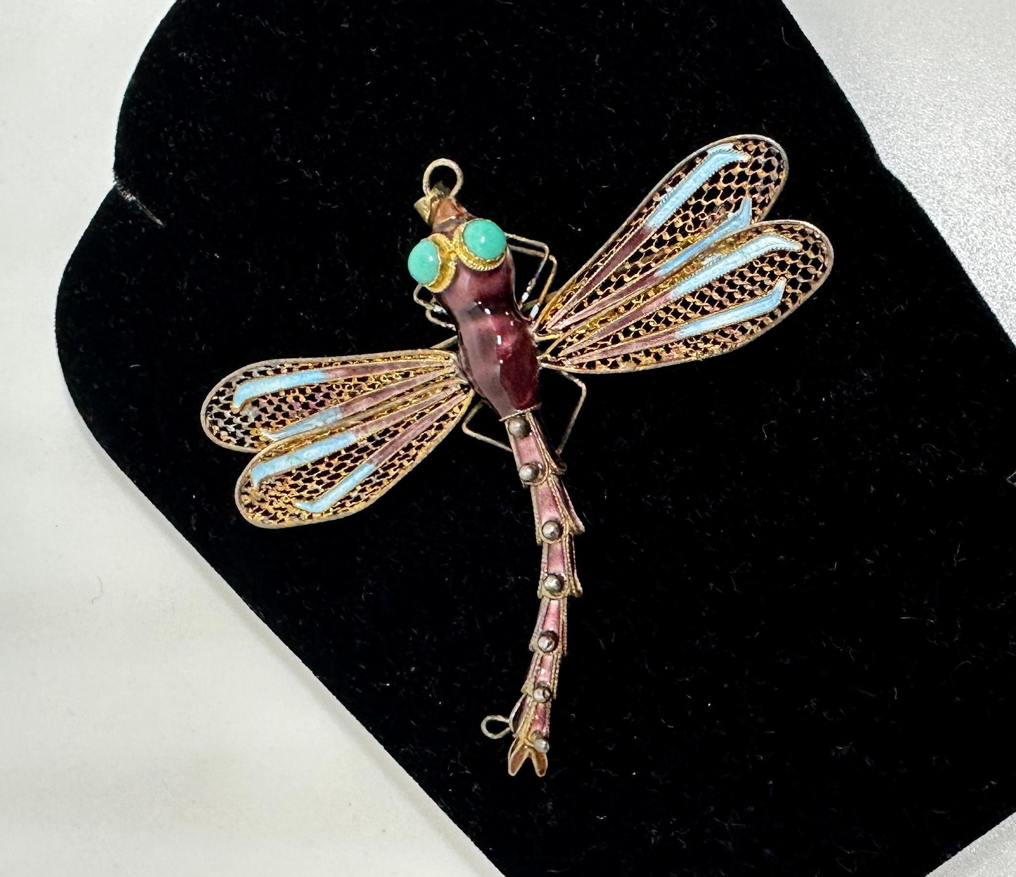 Anglo-Indian Art Deco Dragonfly Pendant Chinese Export Turquoise Enamel Silver Gilt Necklace For Sale