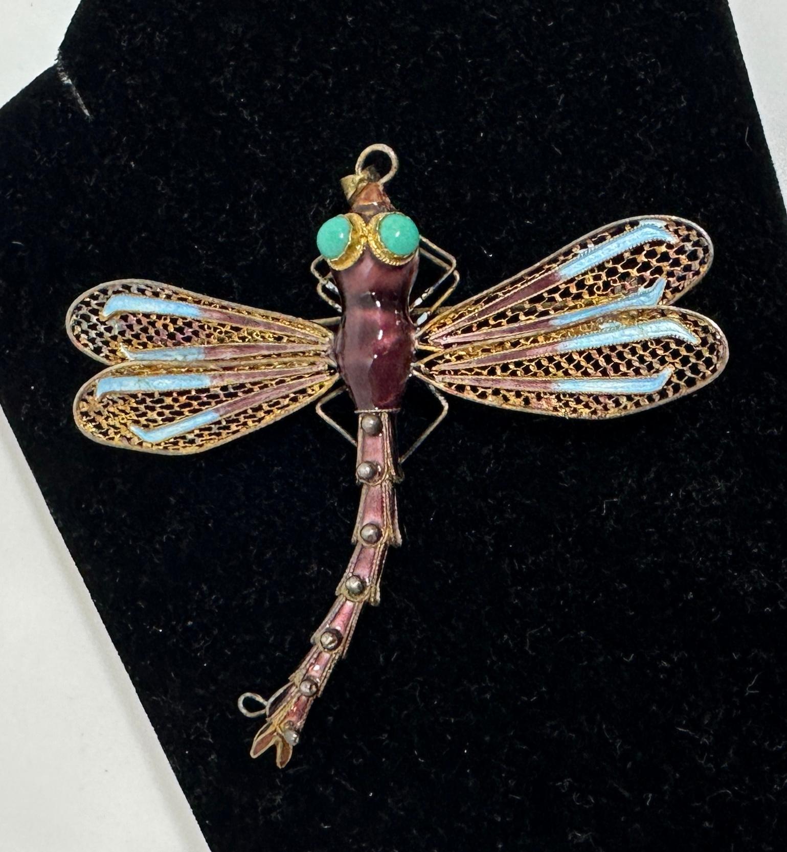 Art Deco Dragonfly Pendant Chinese Export Turquoise Enamel Silver Gilt Necklace In Excellent Condition For Sale In New York, NY