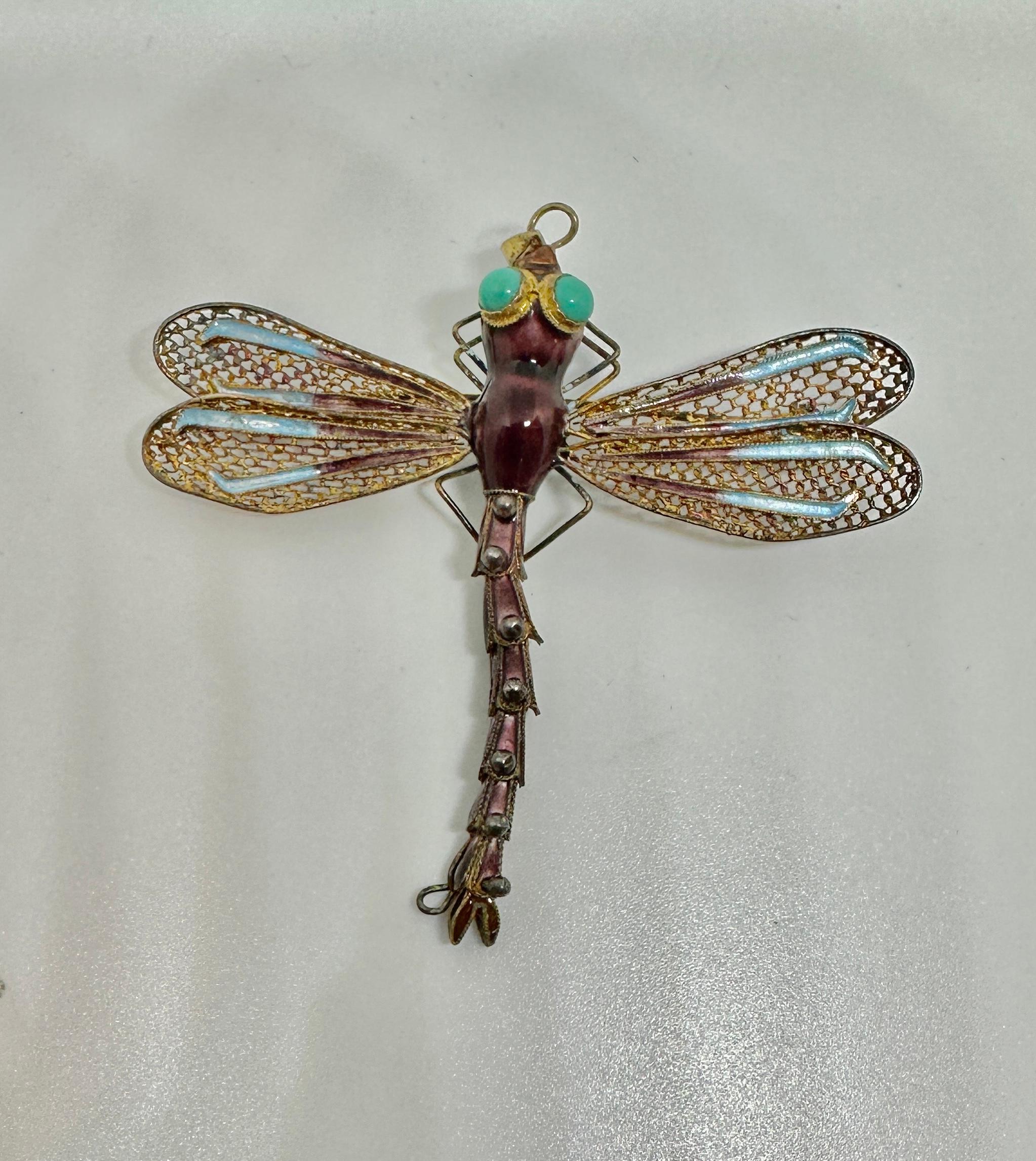 Women's or Men's Art Deco Dragonfly Pendant Chinese Export Turquoise Enamel Silver Gilt Necklace For Sale