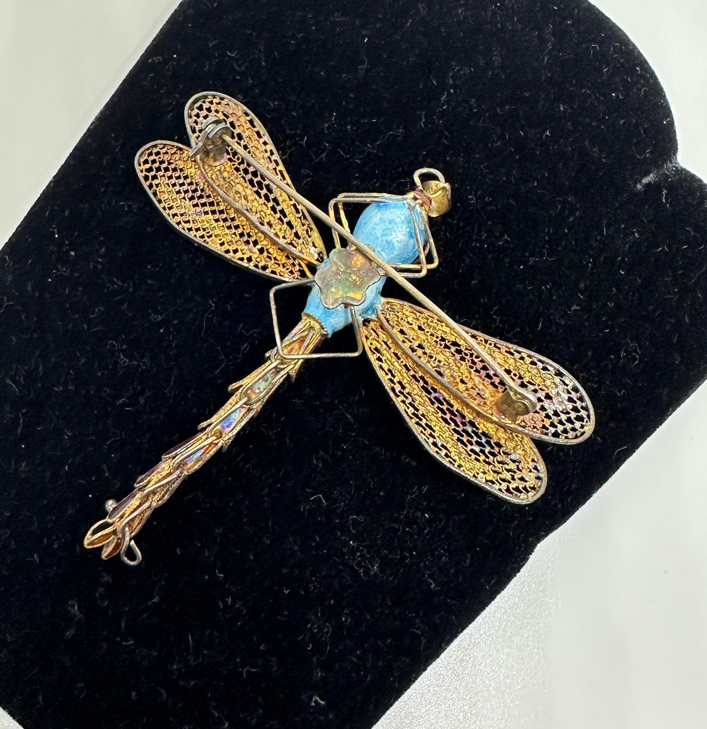 Art Deco Dragonfly Pendant Chinese Export Turquoise Enamel Silver Gilt Necklace For Sale 1