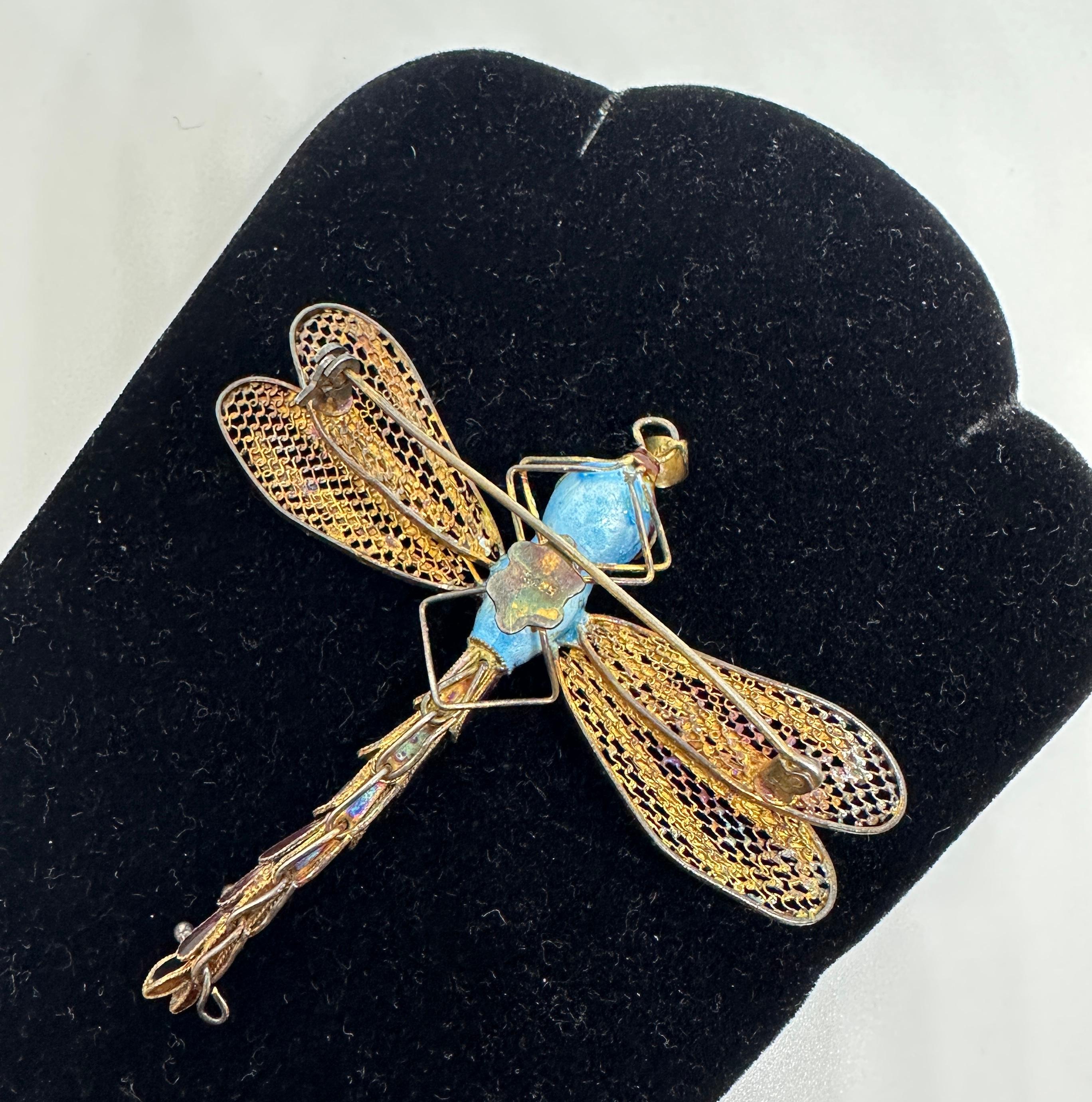 Art Deco Dragonfly Pendant Chinese Export Turquoise Enamel Silver Gilt Necklace For Sale 2