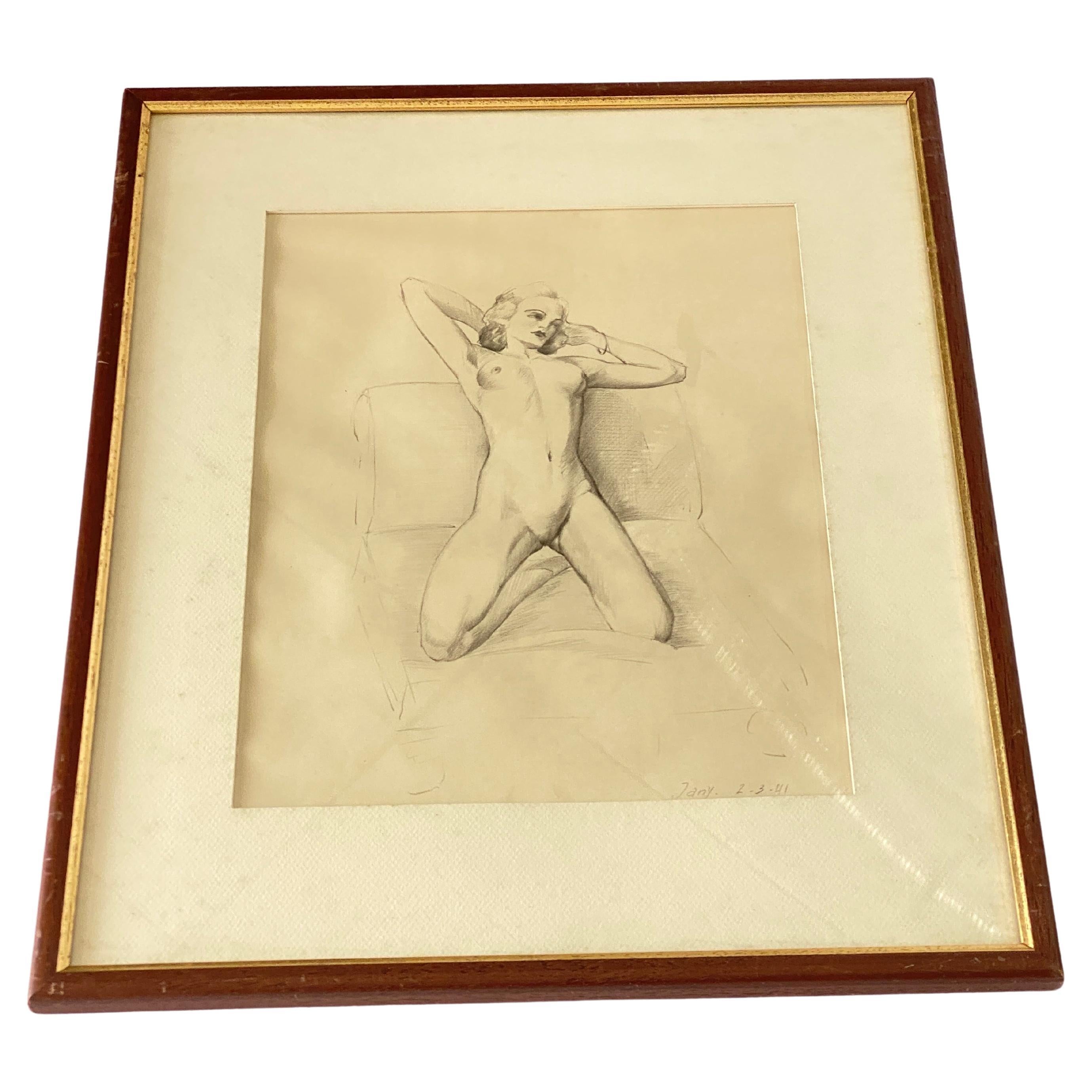  Art Deco Drawing Representing Nude Woman by Van Doren 'Raymond' Belgium 1941
